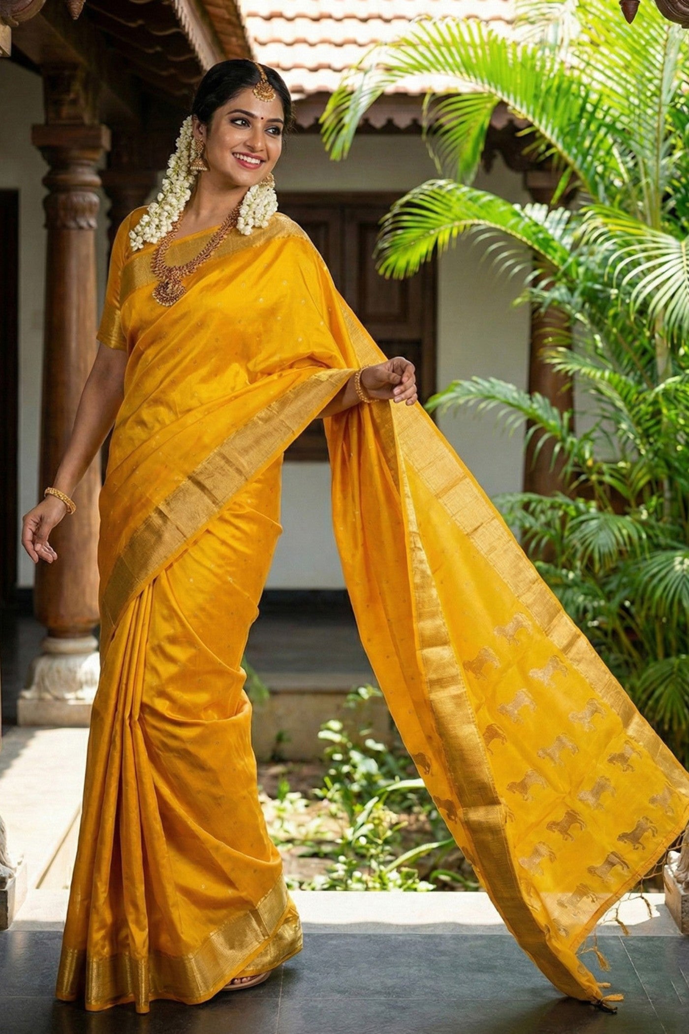 Buy MySilkLove Turmeric Yellow Banarasi Woven Soft Silk Saree Online