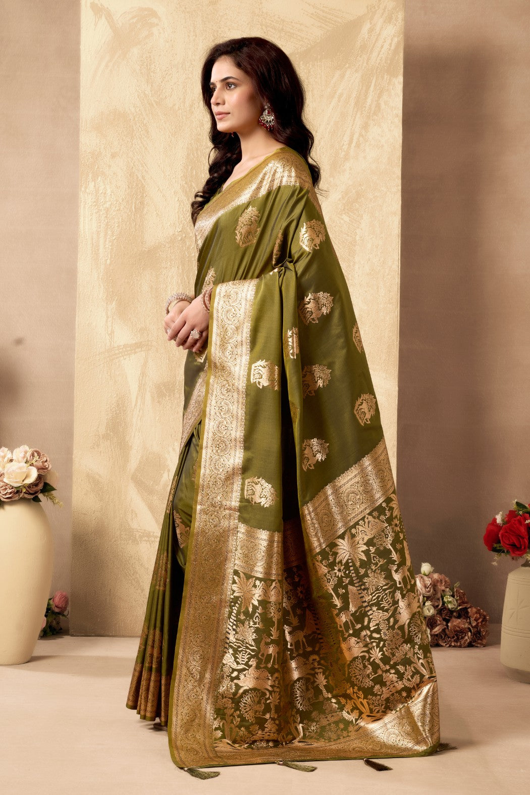 Buy MySilkLove olive Green Woven Banarasi Soft Silk Saree Online