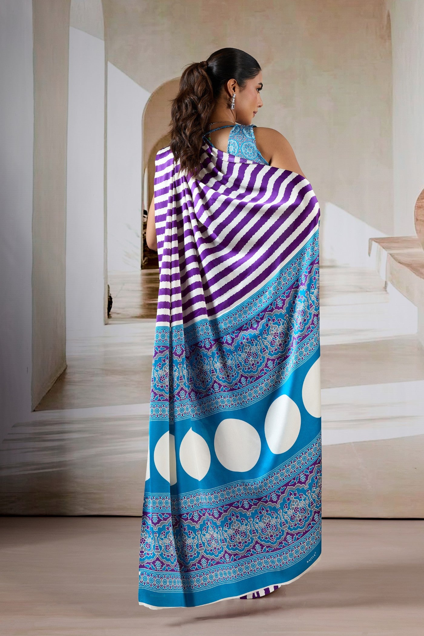 Buy MySilkLove Mist Purple Stripe Ajrakh Printed Satin Crepe Silk Saree Online