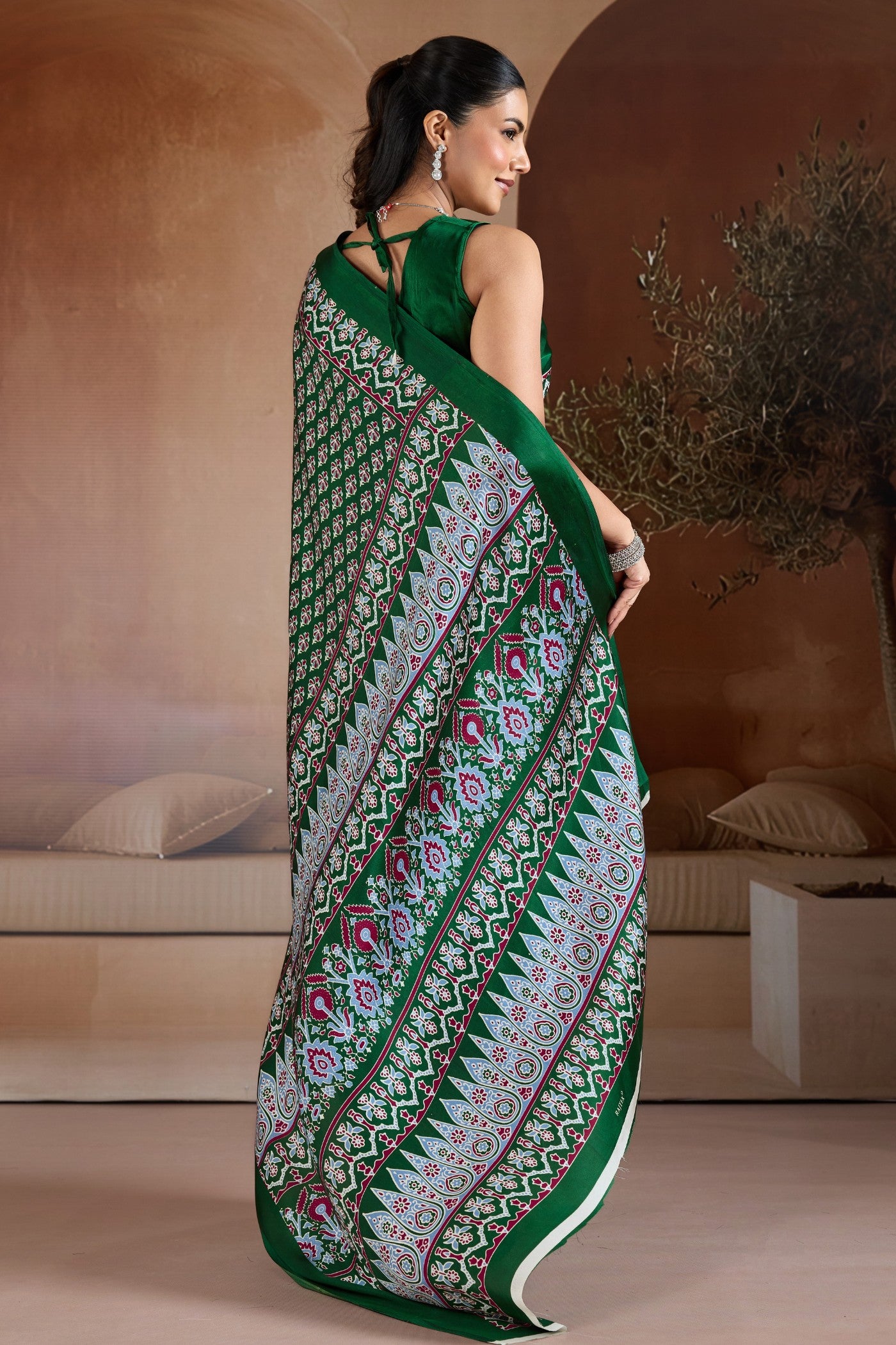 Buy MySilkLove Jungle Green Ajrakh Printed Satin Crepe Silk Saree Online