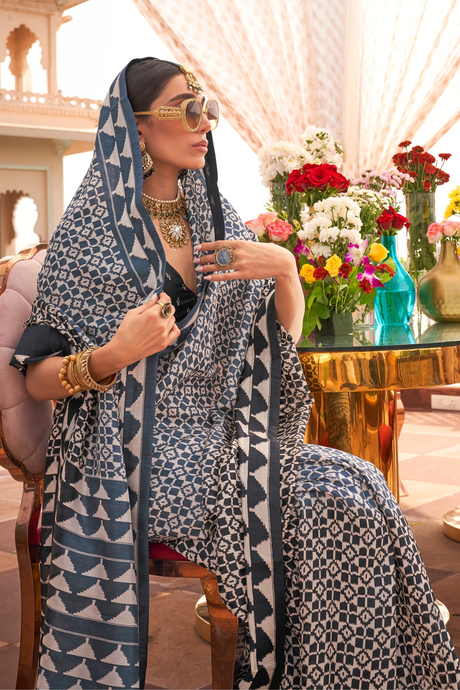 Buy MySilkLove Marble Blue and Black Printed Patola Saree Online