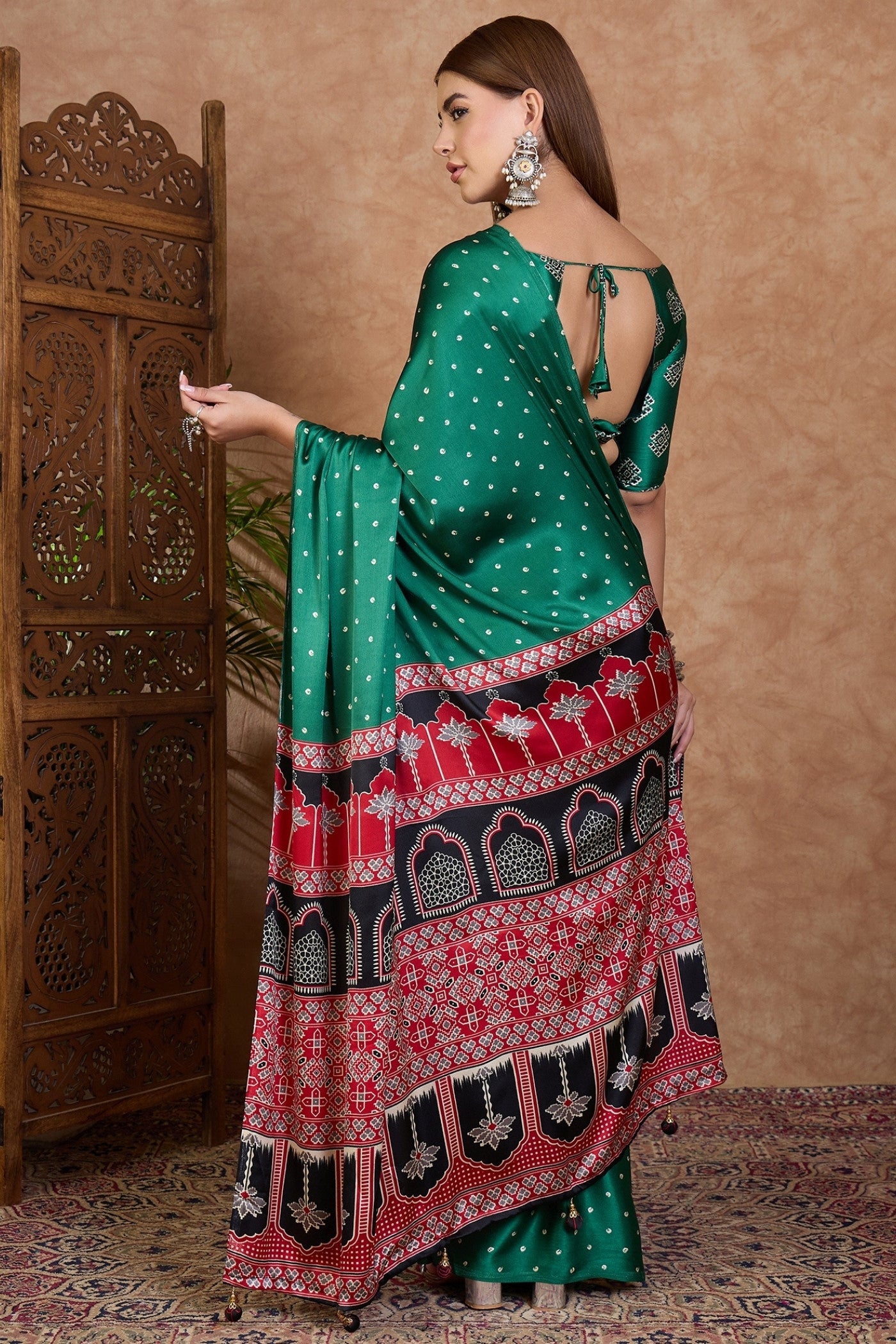 Buy MySilkLove Marrs Green Ajrakh Printed Satin Crepe Silk Saree Online