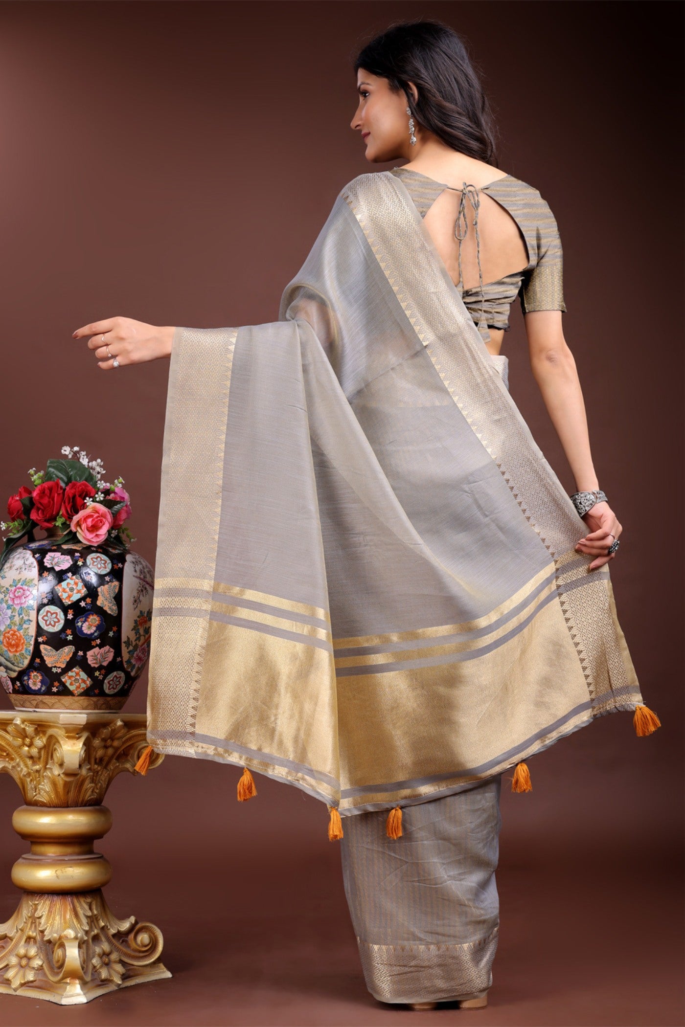 Buy MySilkLove Cloud Grey Woven Cotton Saree Online