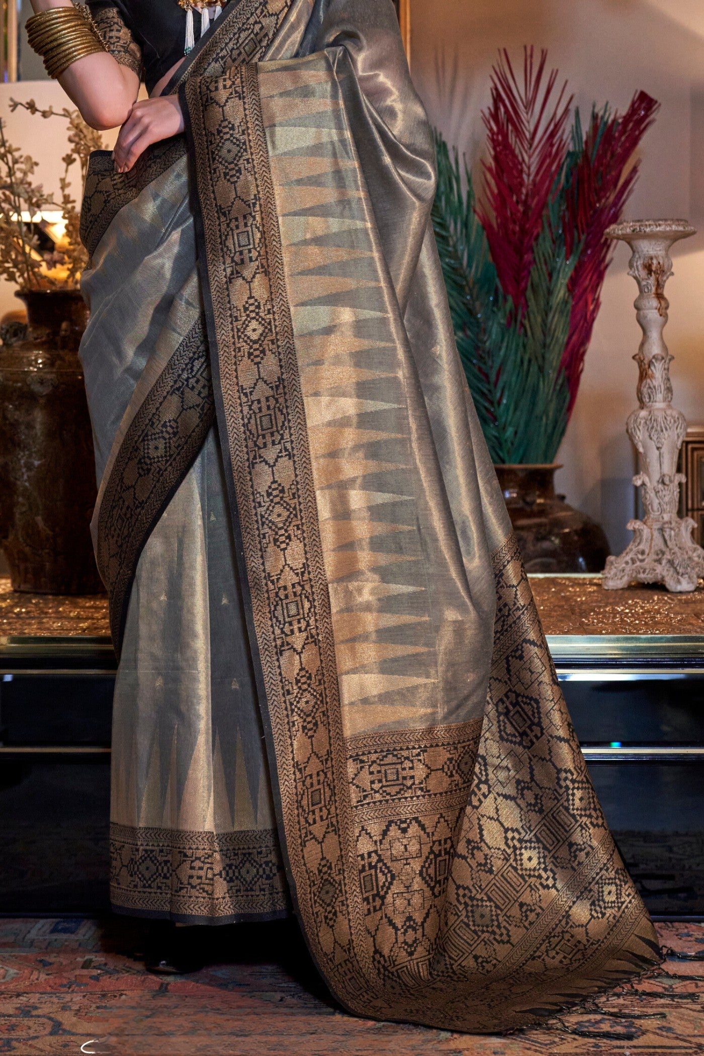 Buy MySilkLove Smokey Grey Woven Tissue Silk Saree Online