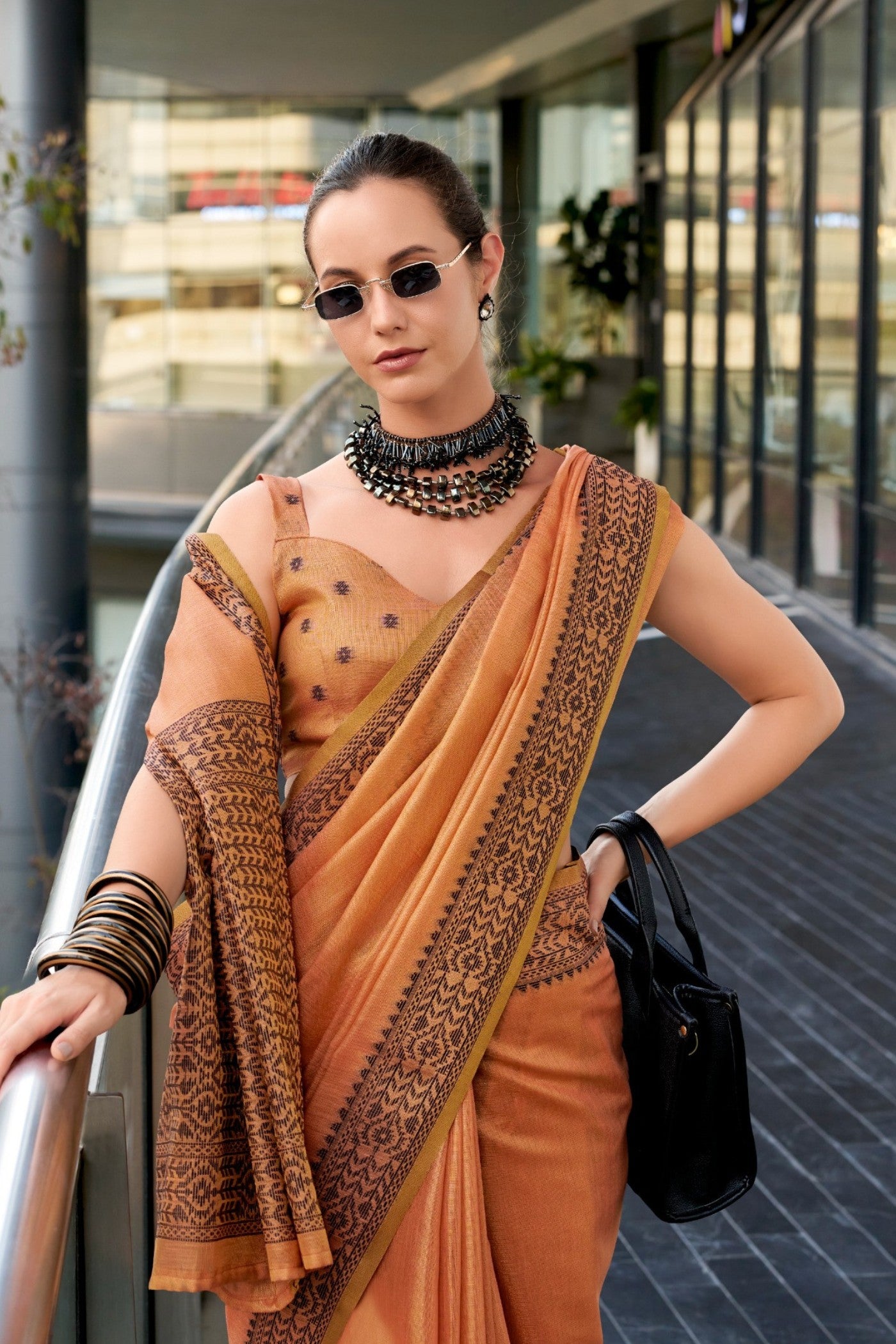 Buy MySilkLove Tiget Orange Linen Tissue Silk Saree Online