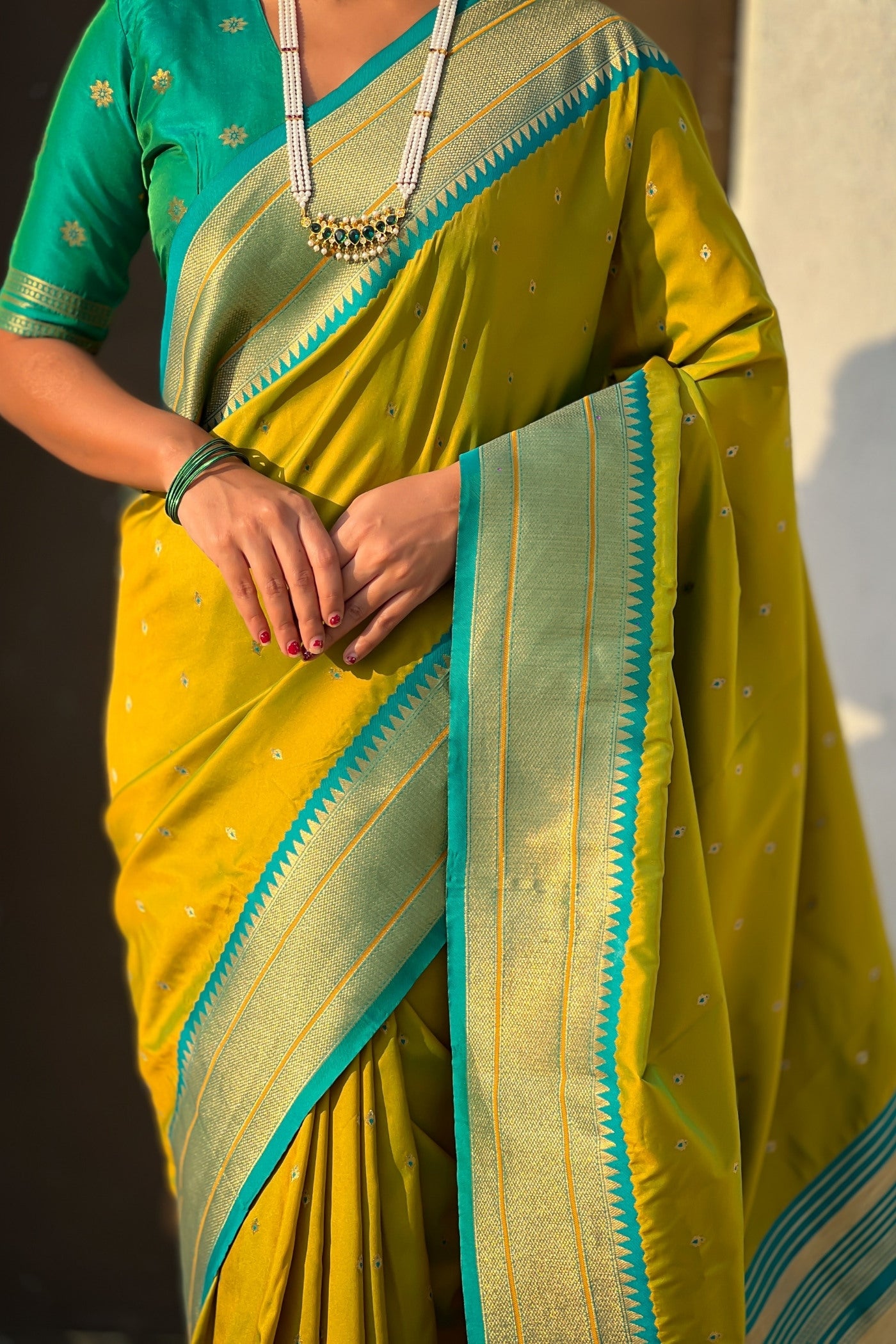 Buy MySilkLove Lime Green Zari Woven Paithani Saree Online