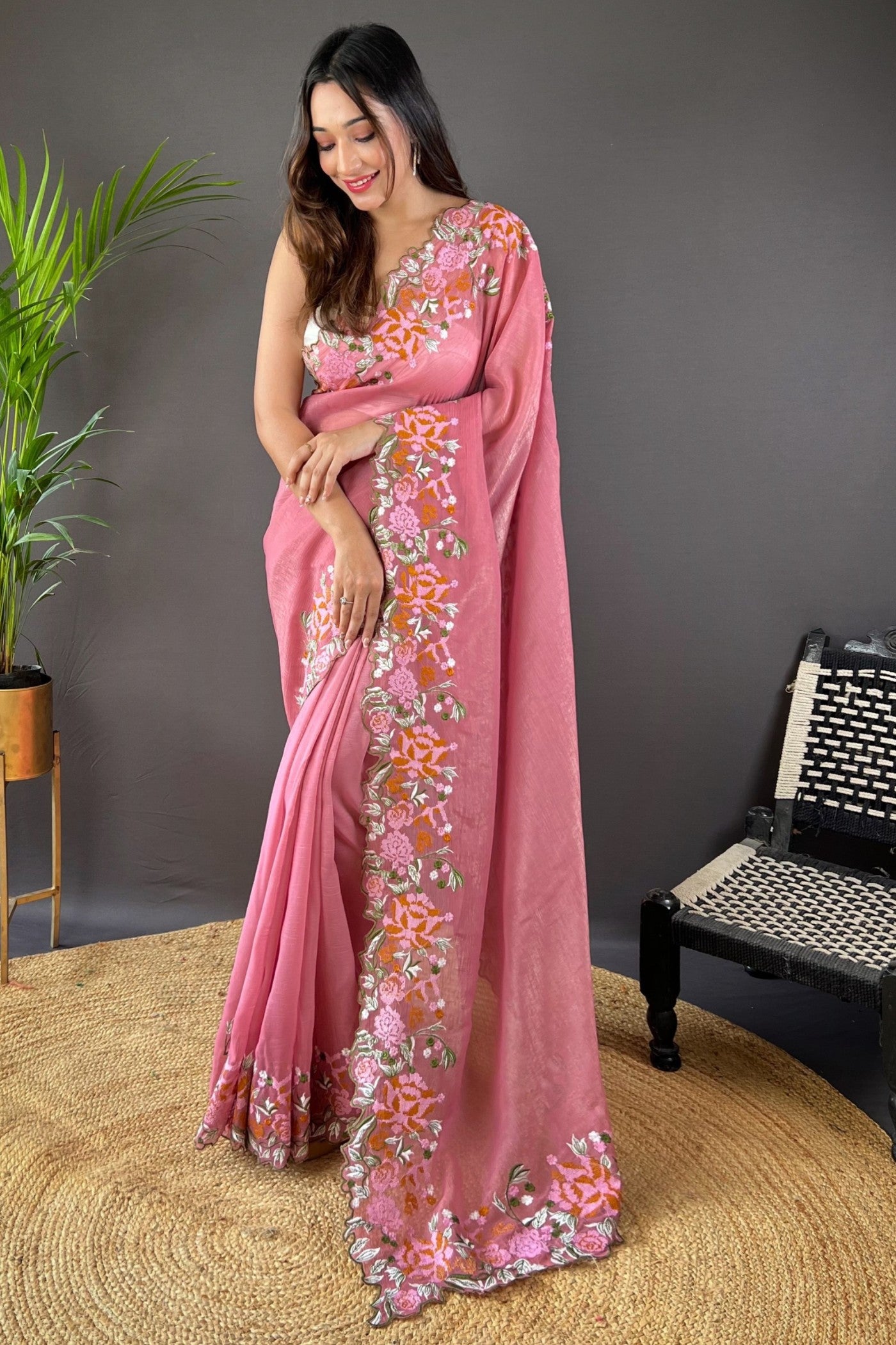 Buy MySilkLove Neon Pink Embroidered Party Wear Saree Online