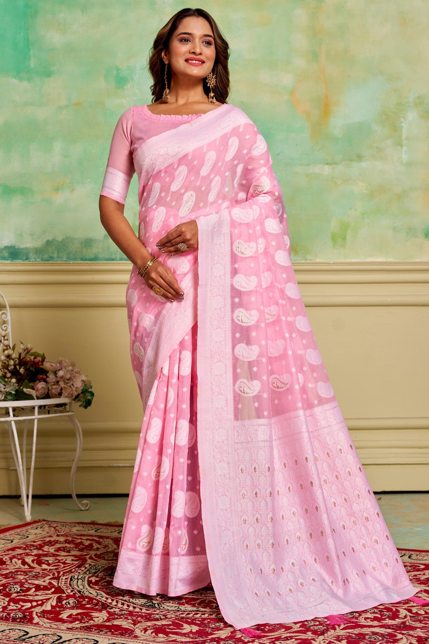 Buy MySilkLove Carnation Pink Woven Cotton Saree Online