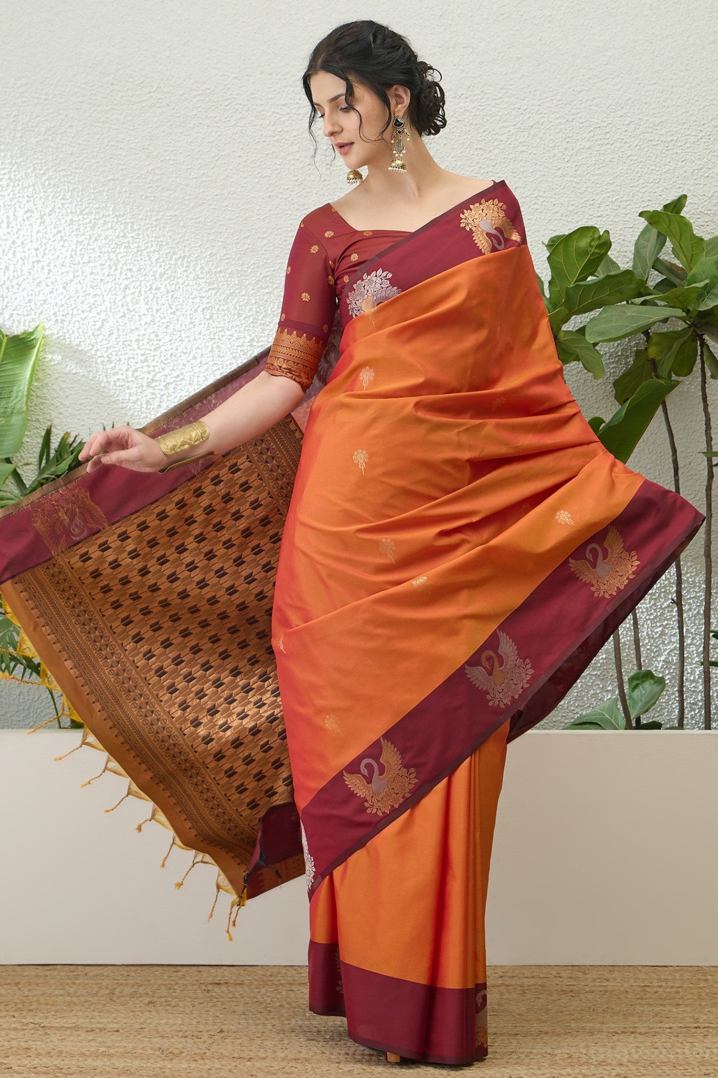 Buy MySilkLove Melon Orange Banarasi Handloom Soft Silk Saree Online
