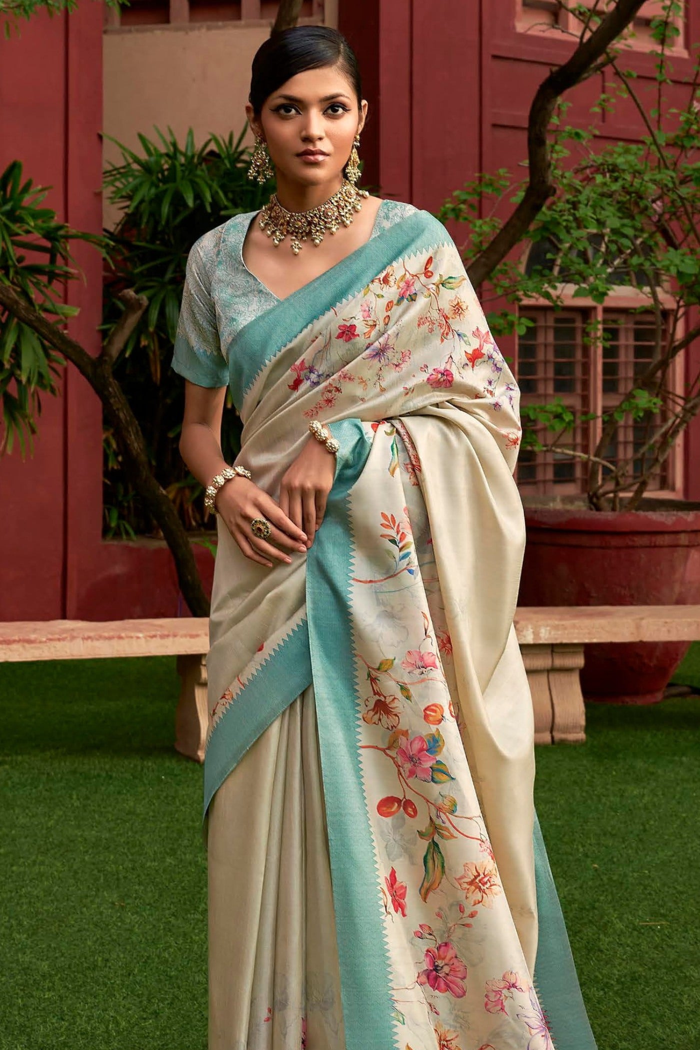 Buy MySilkLove Albescent White and Blue Digital Printed Banarasi Saree Online