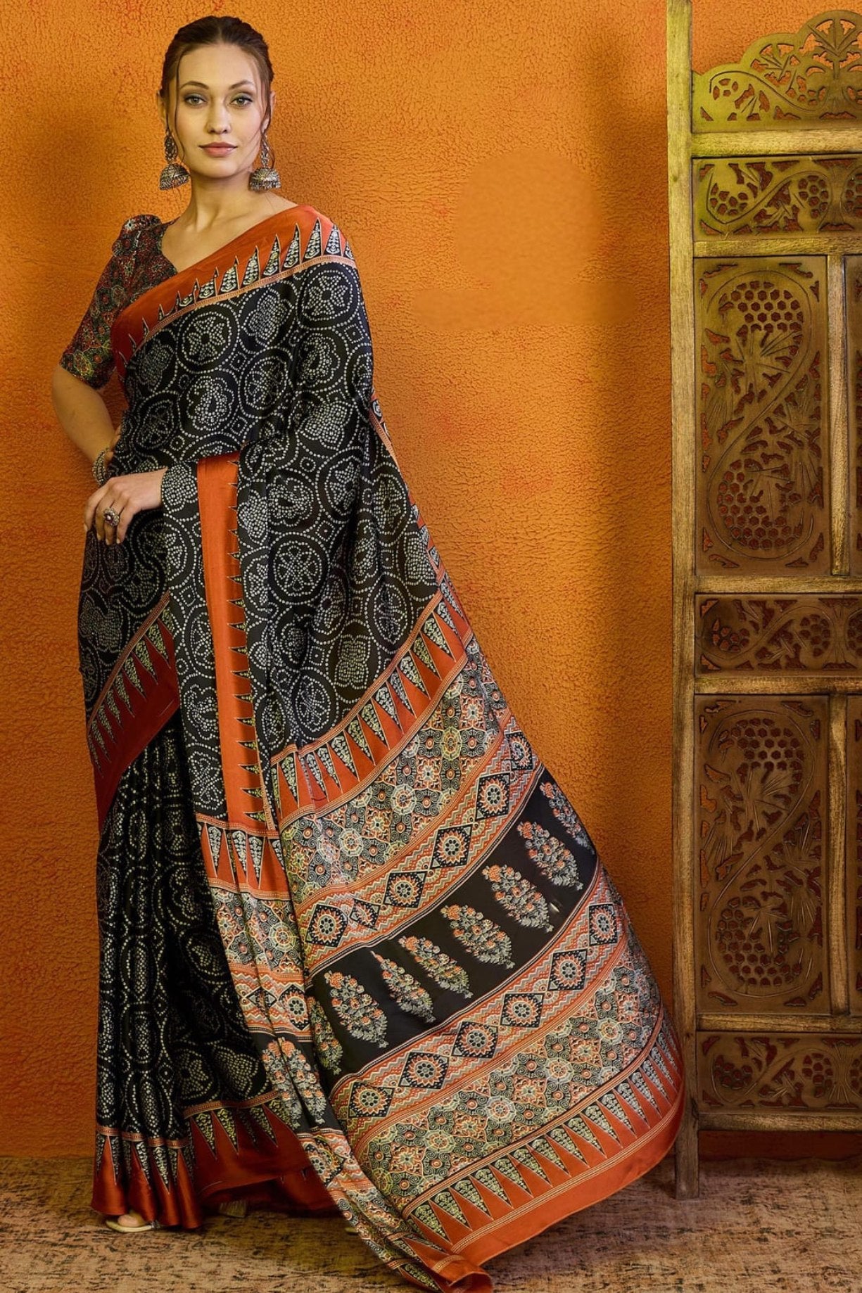 Buy MySilkLove Code Black Printed Ajrakh Satin Crepe Saree Online