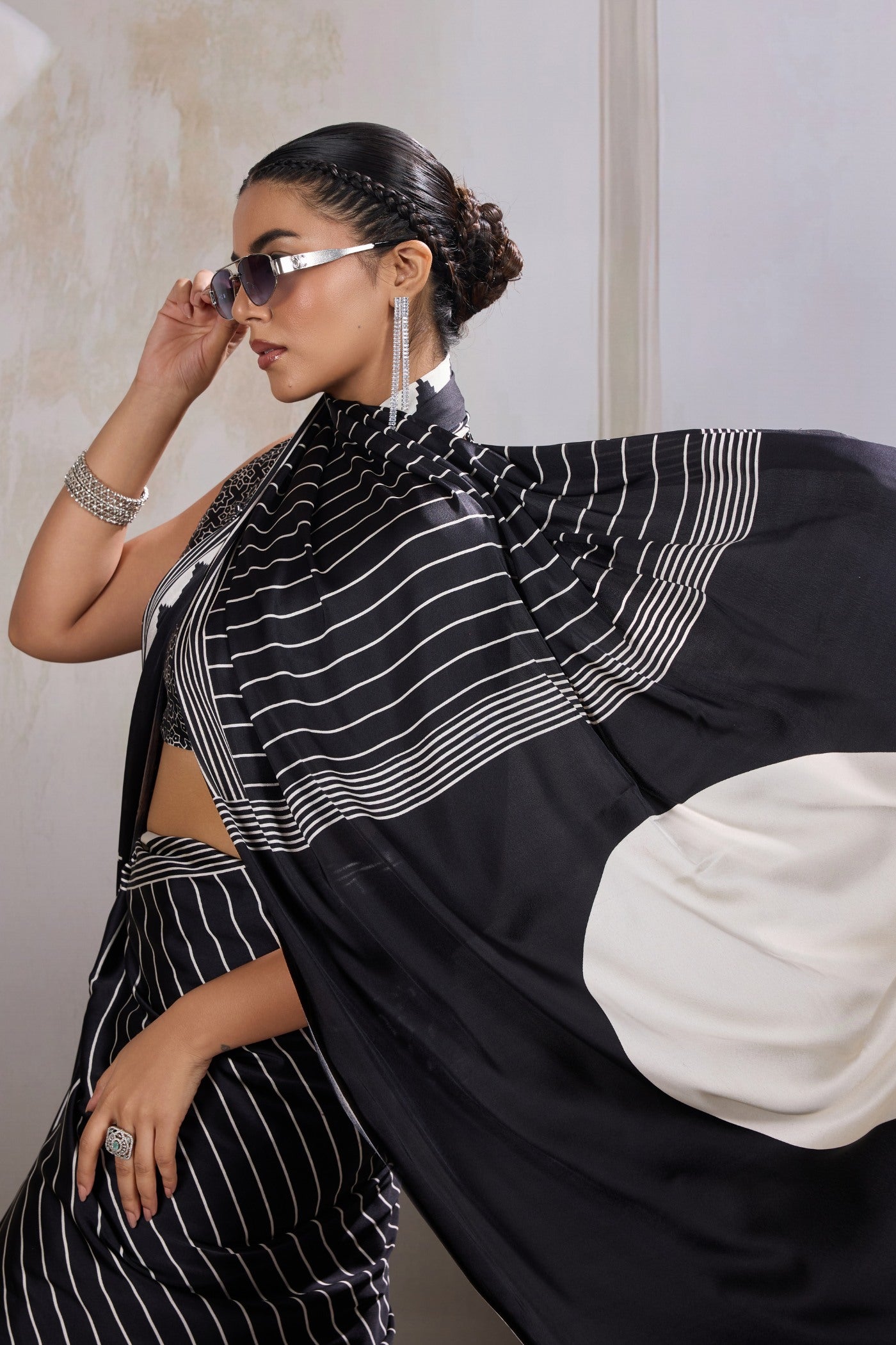 Buy MySilkLove Taupe Black Ajrakh Printed Satin Crepe Silk Saree Online