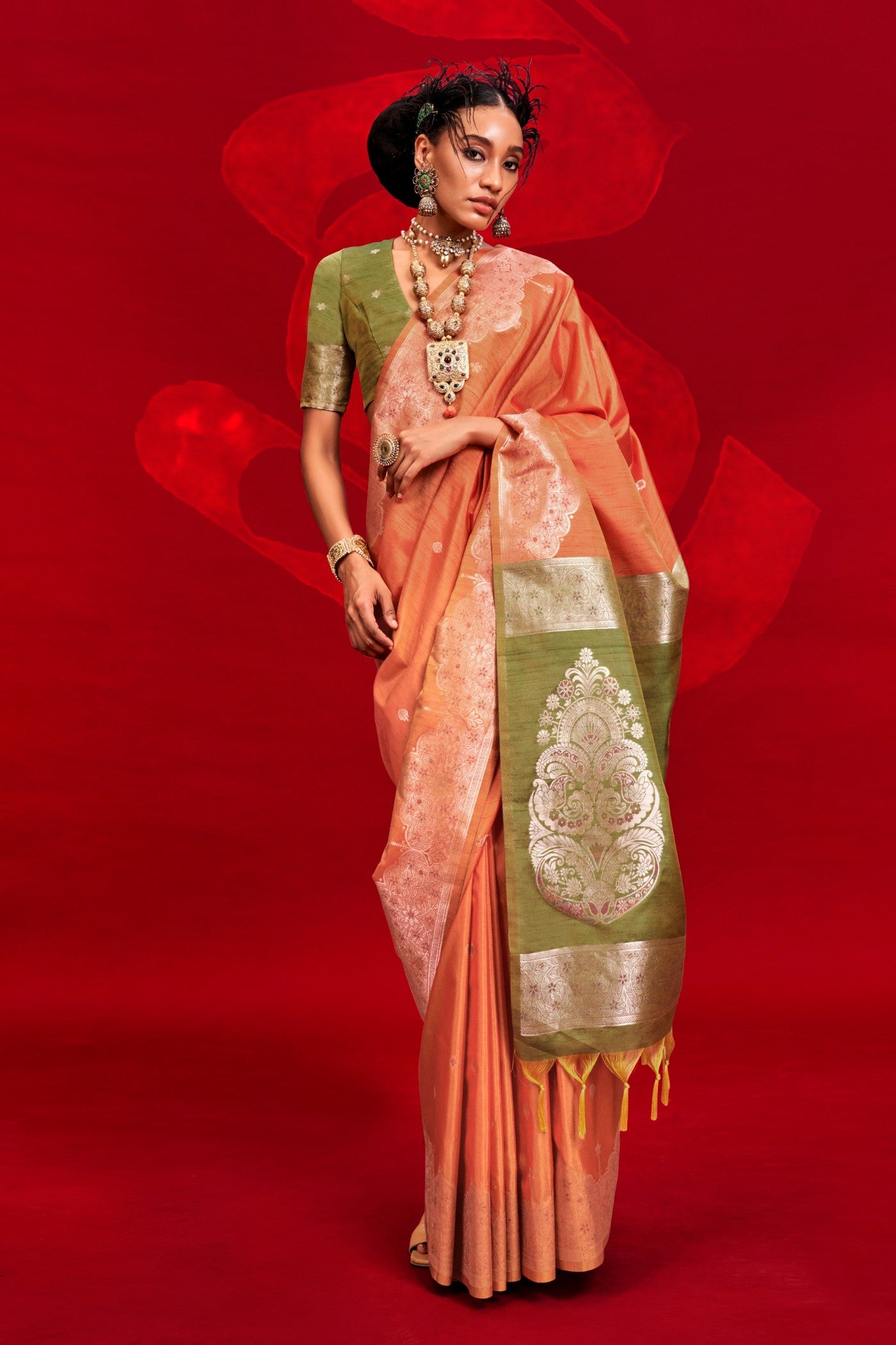 Buy MySilkLove Apricot Orange Tussar Handloom Silk Saree Online