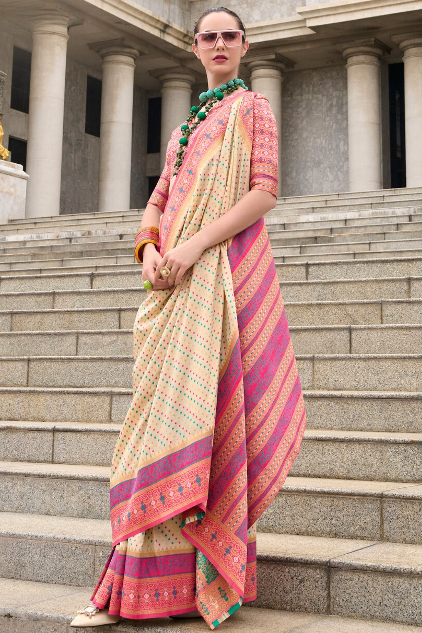 Buy MySilkLove New Orleans Cream Woven Banarasi Saree Online