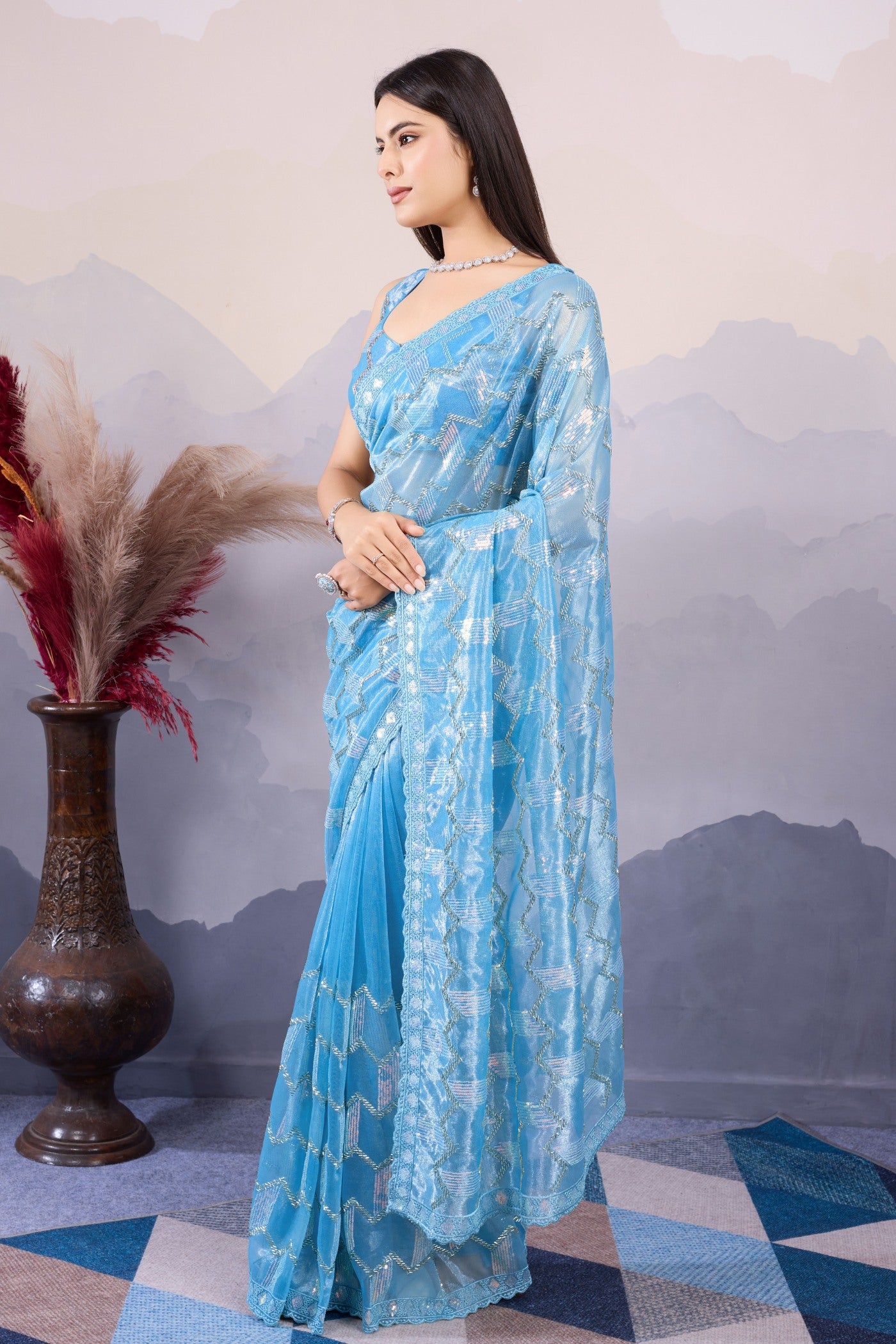 MySilkLove Cornflower Blue Designer Partywear Saree