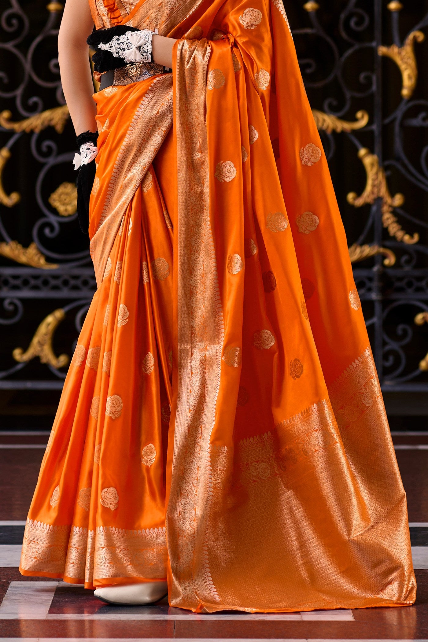 Buy MySilkLove Tia Maria Orange Handloom Satin Silk Saree Online