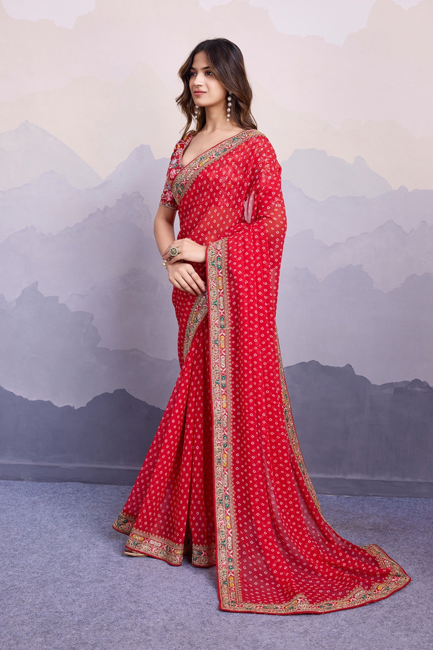 Buy MySilkLove Rusty Red Bandhani Georgette Printed Partywear Saree Online