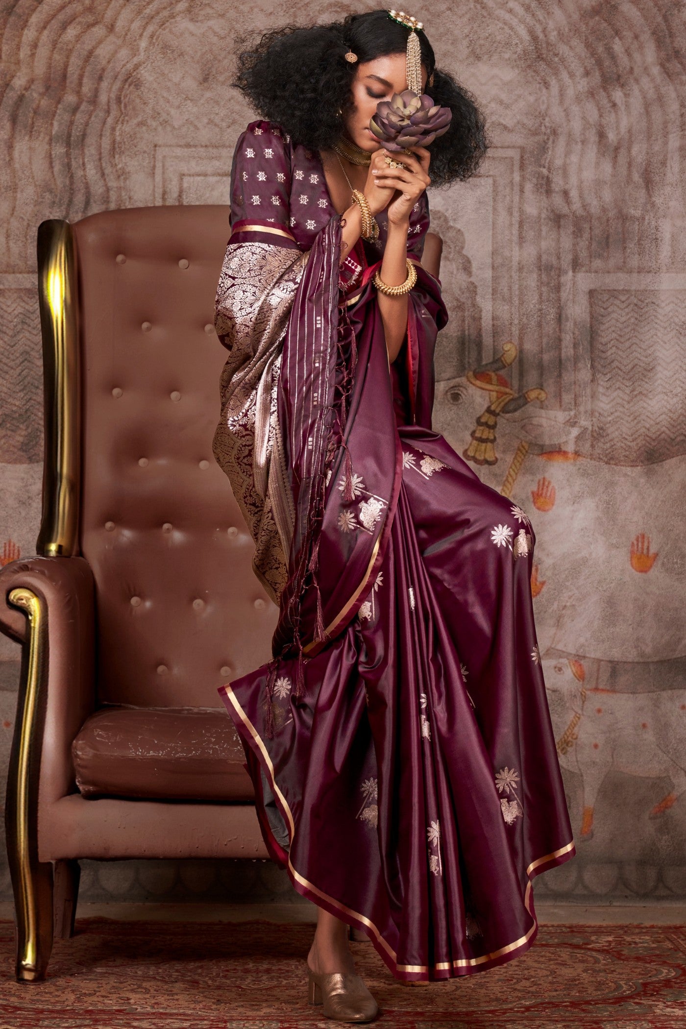 MySilkLove Dark Coco Brown Banarasi Pichwai Satin Saree