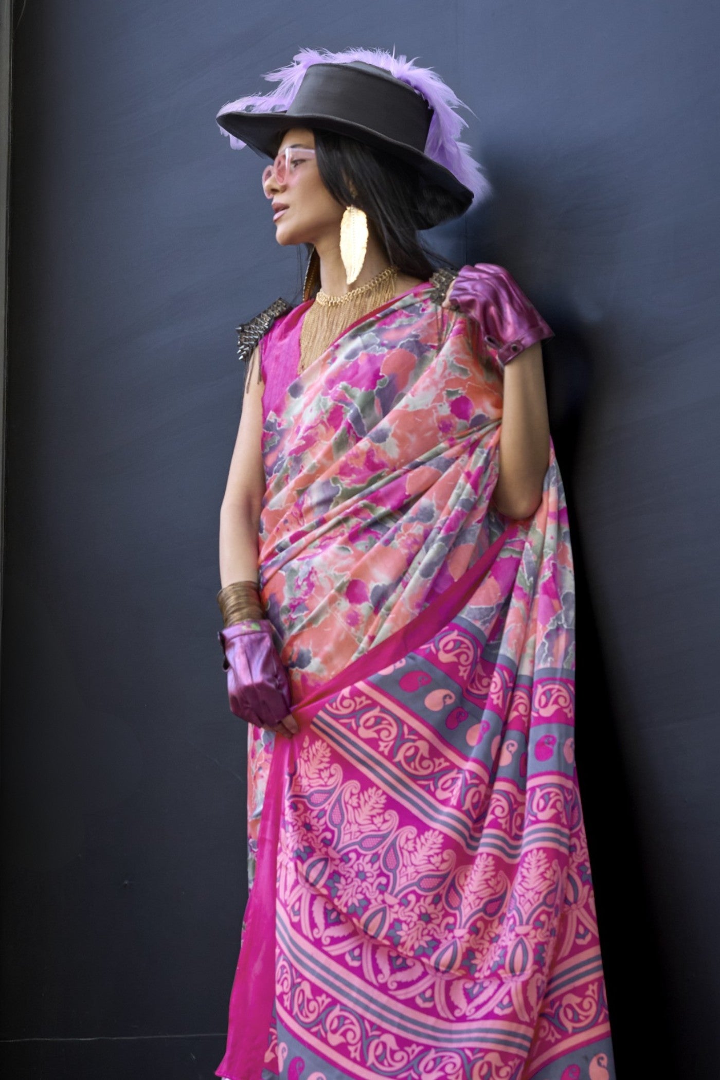 Buy MySilkLove Punch Pink Printed Satin Crepe Silk Saree Online