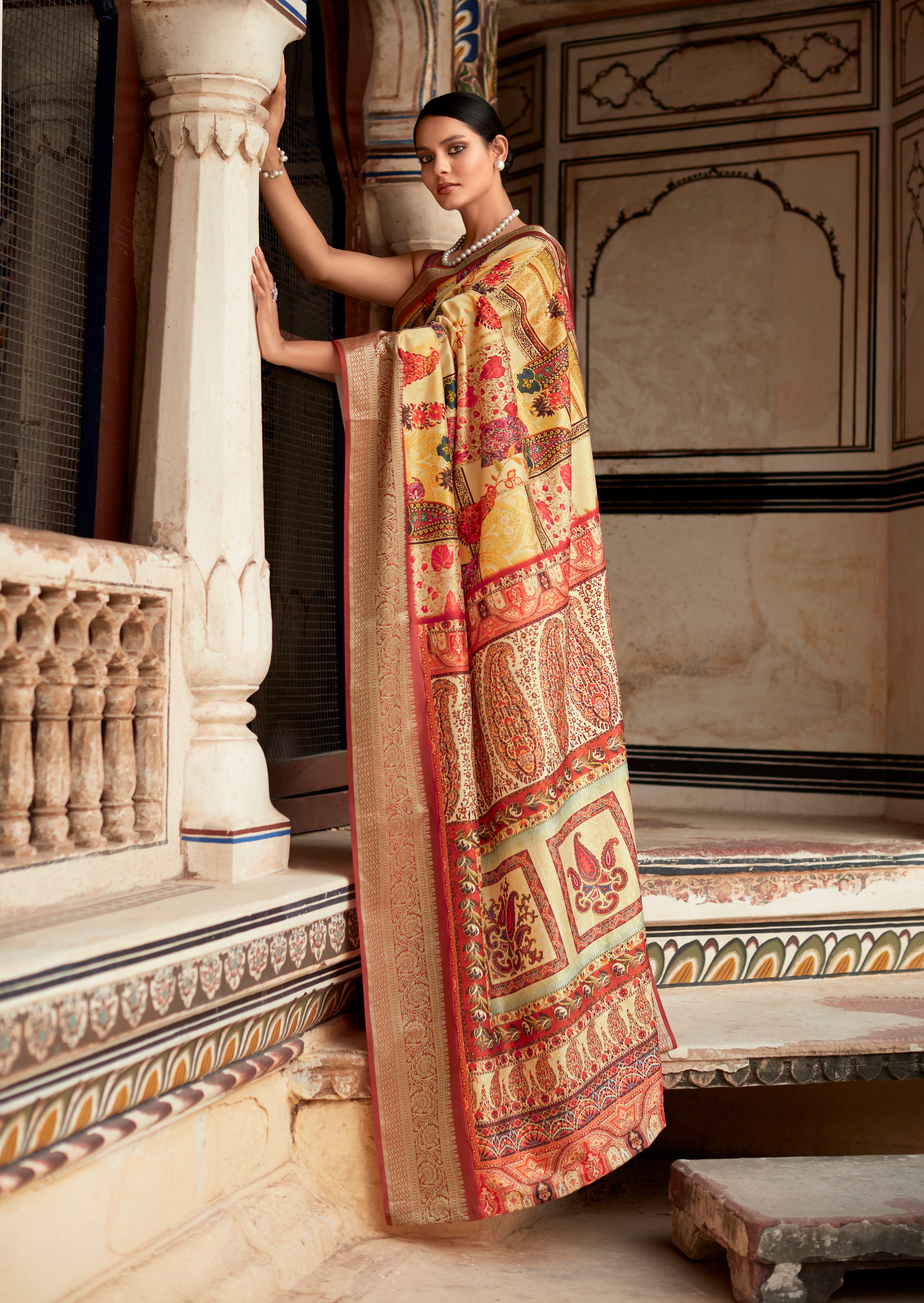 Buy MySilkLove Flesh Yellow Banarasi Printed Silk Saree Online