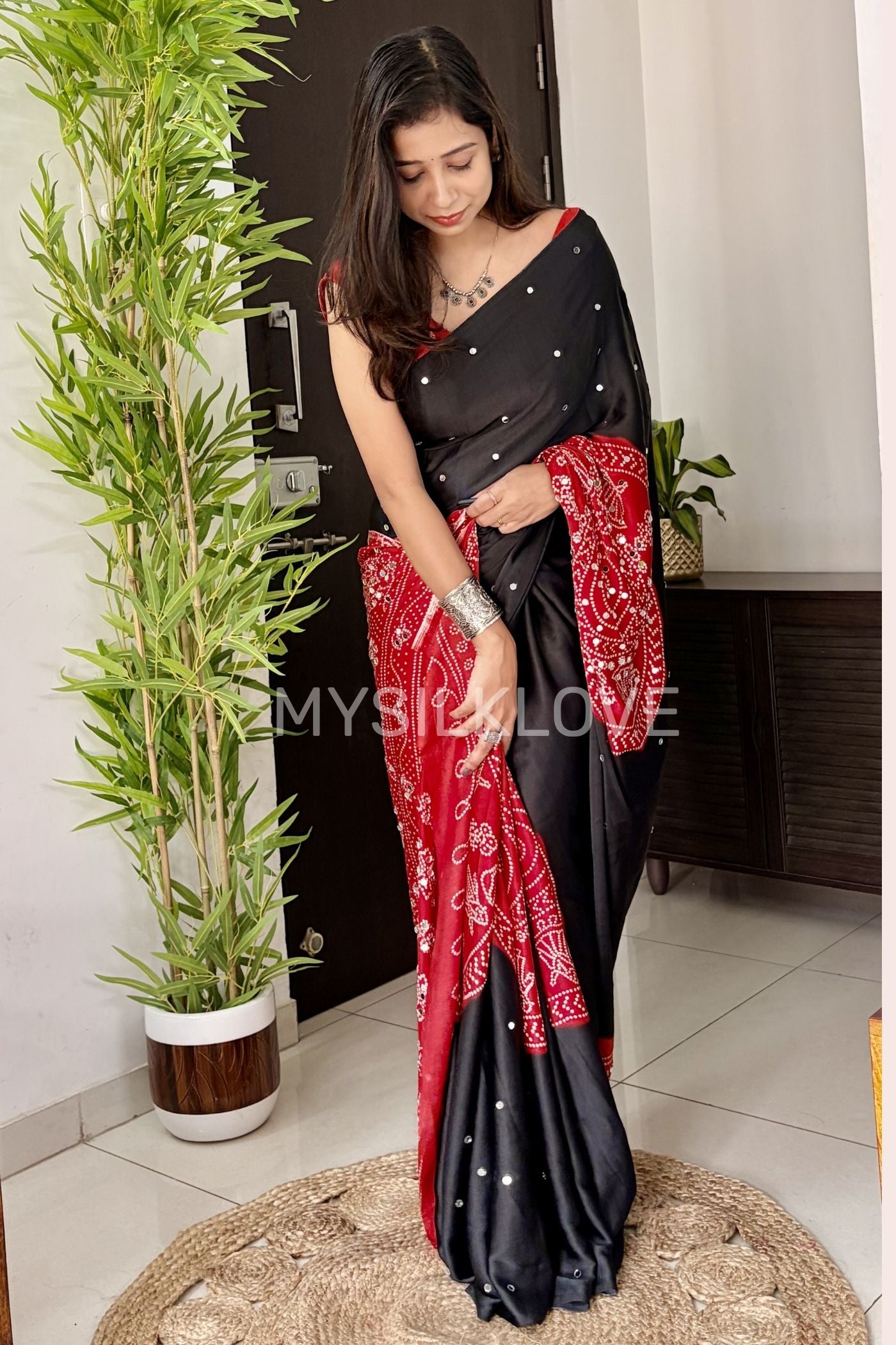 Buy MySilkLove Charcoal Black and Red Gaji Bandej Satin Soft Silk Saree Online