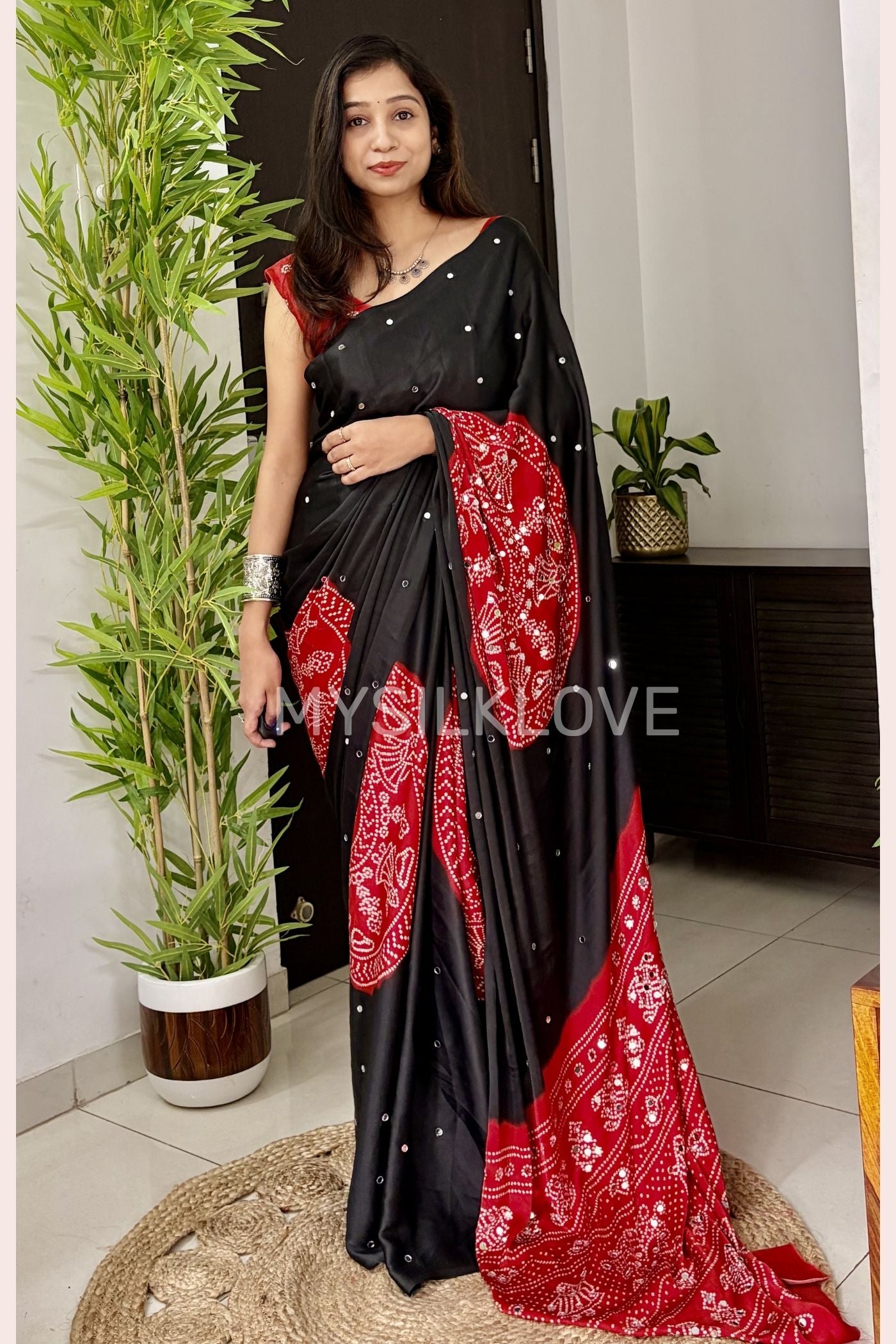 Buy MySilkLove Ink Black and Red Gaji Bandej Satin Soft Silk Saree Without Blouse Online