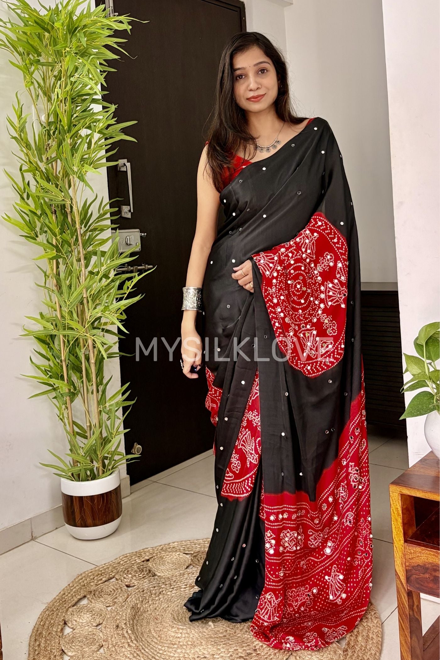 Buy MySilkLove Charcoal Black and Red Gaji Bandej Satin Soft Silk Saree Online