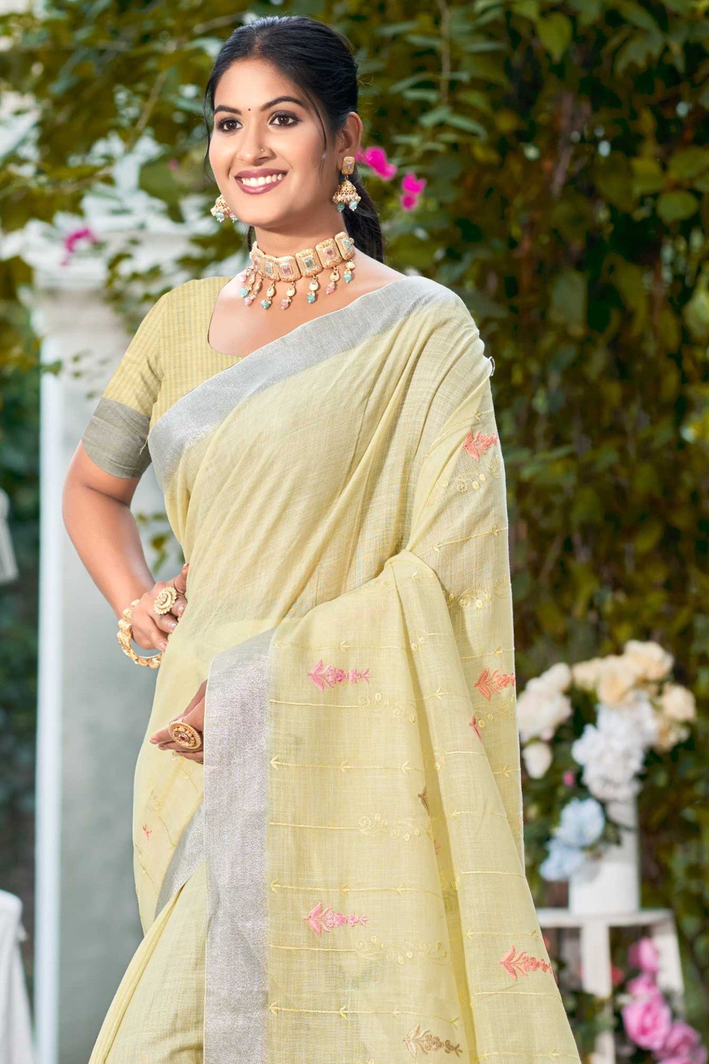 Buy MySilkLove Lemon Yellow Woven Cotton Linen Saree Online
