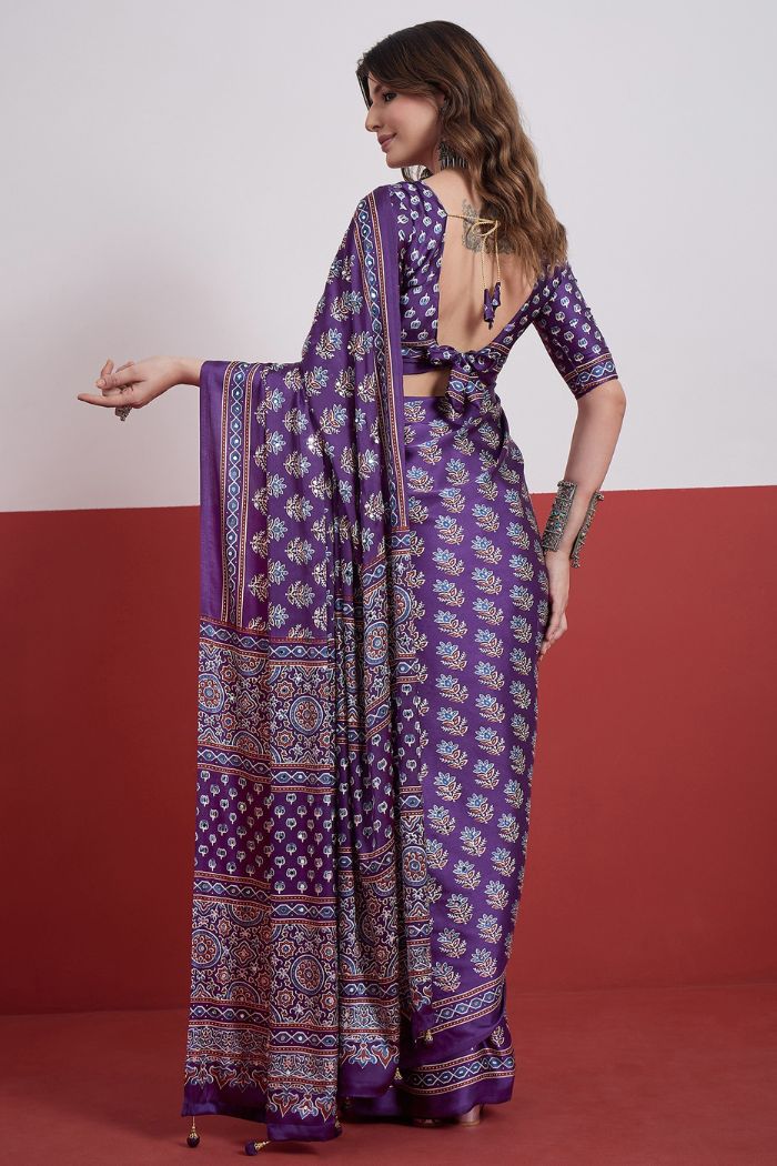 Buy MySilkLove Amethyst Purple Modal Ajrakh Satin Printed Mirror Work Saree Online