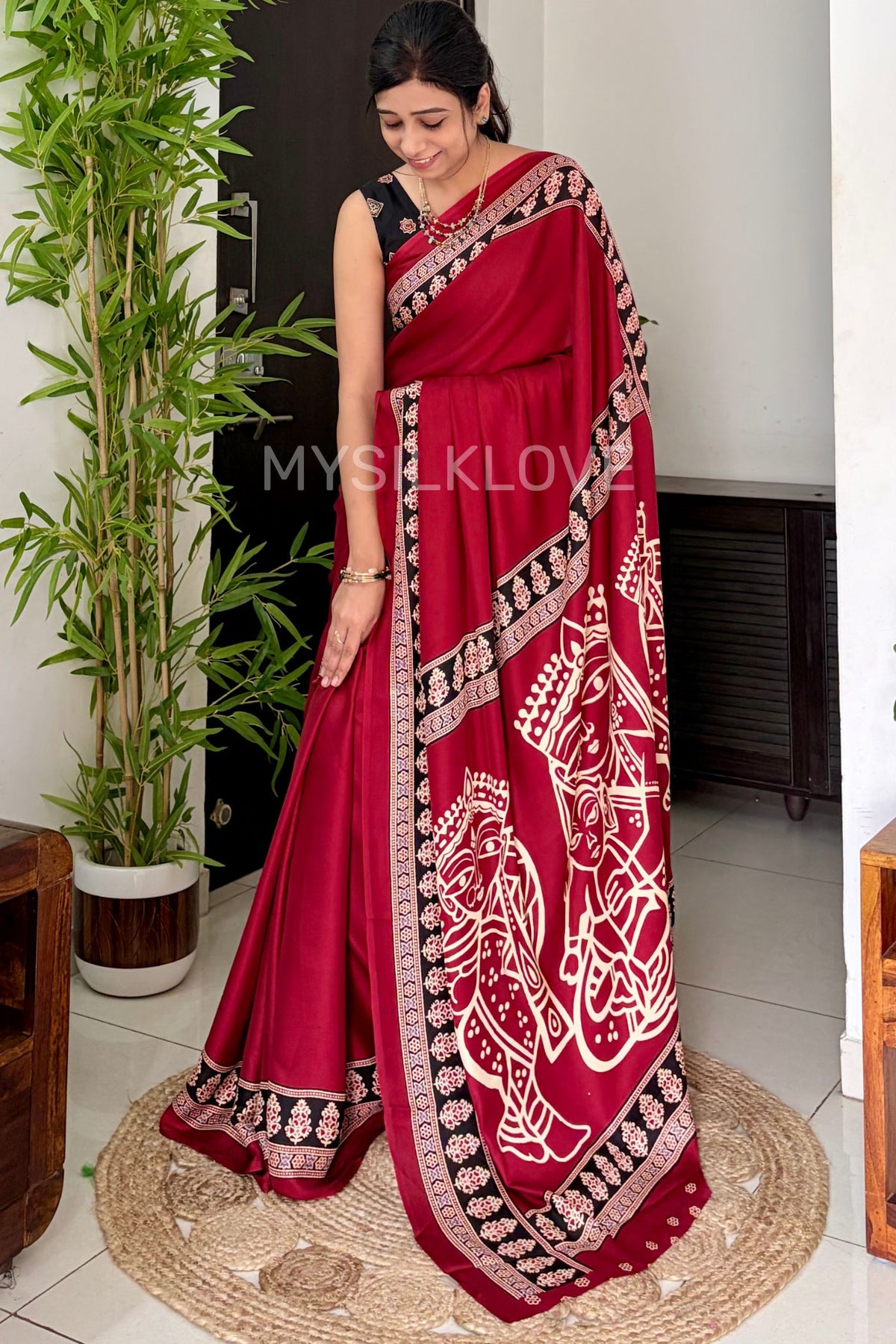 MySilkLove Velvet Maroon Modal Ajrakh Satin Printed Silk Saree