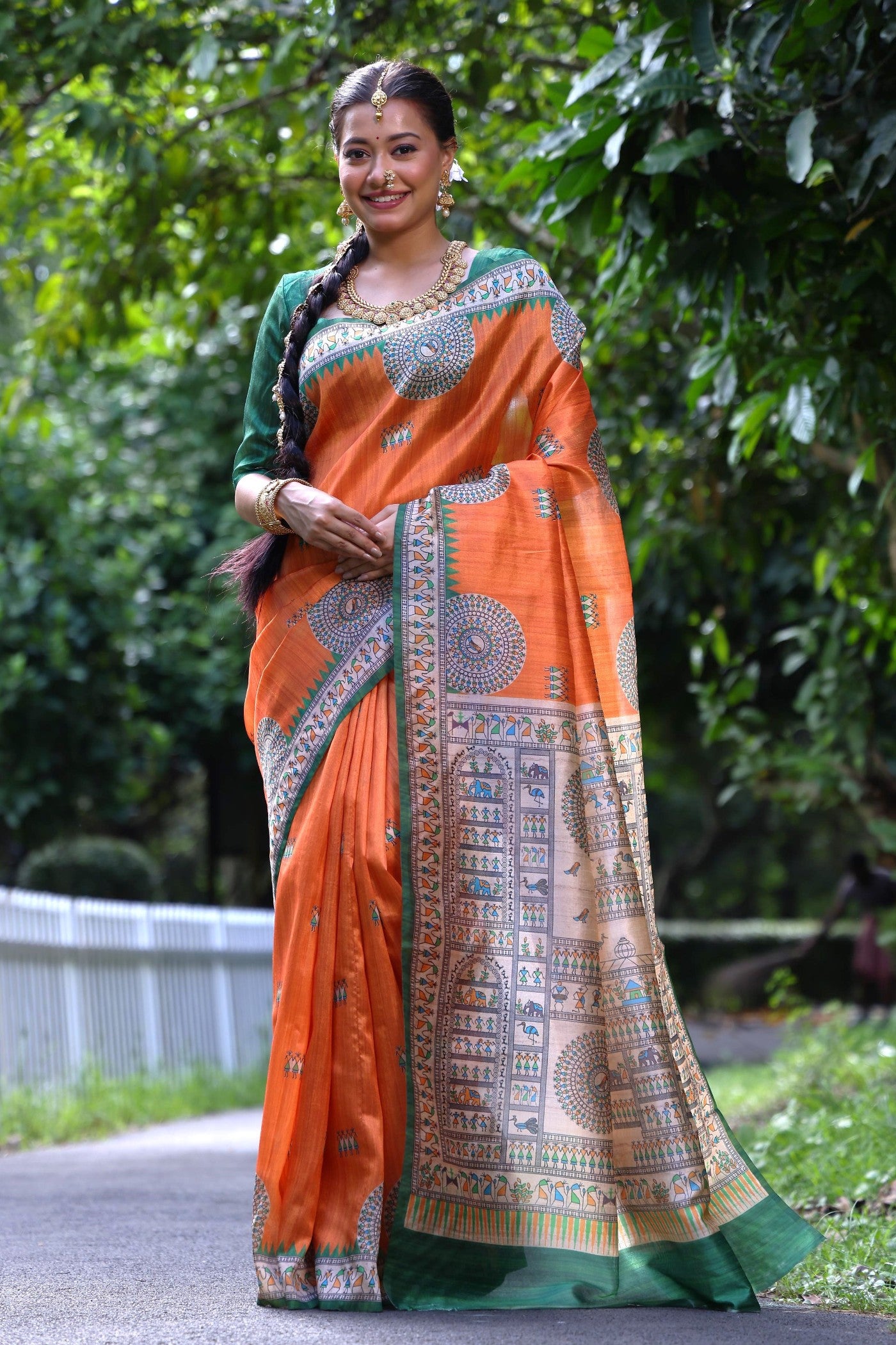 Buy MySilkLove Butterscotch Orange Madhubani Tussar Printed Silk Saree Online