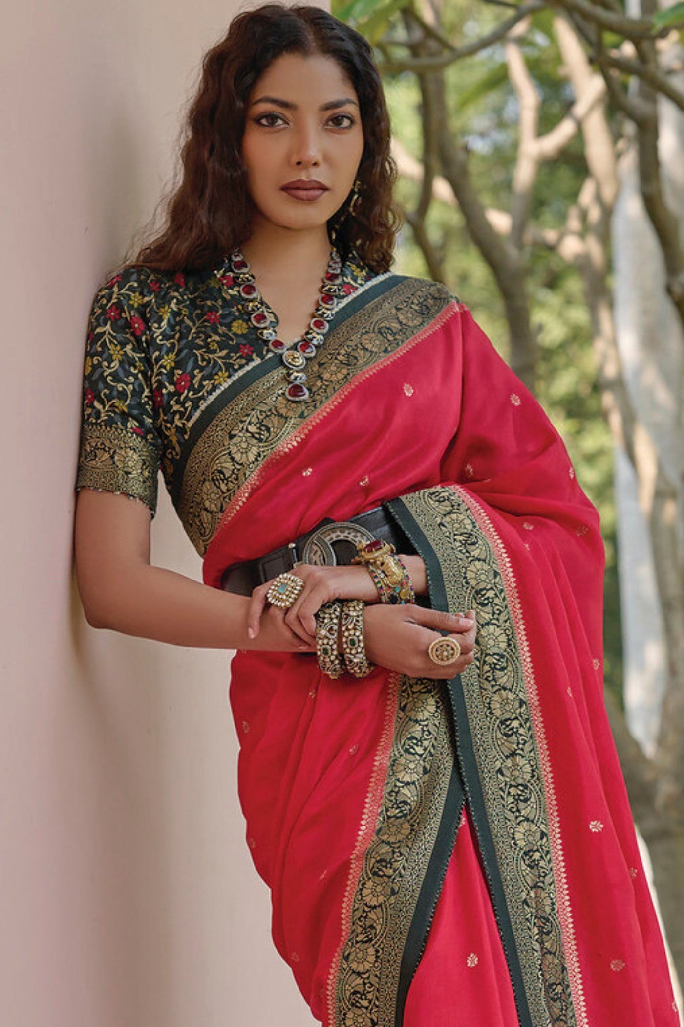 Buy MySilkLove Brick Red and Green Banarasi Handloom Saree Online