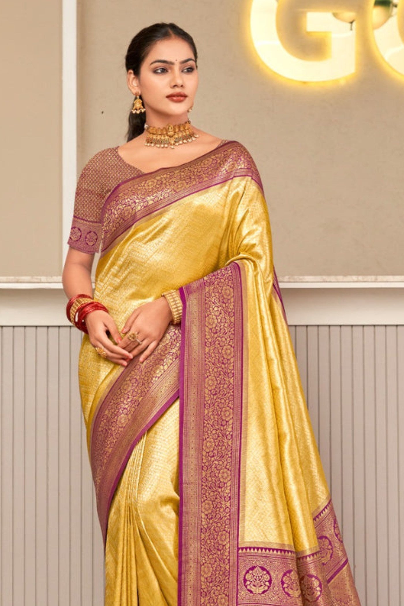 Buy MySilkLove Turmeric Yellow Zari Woven Kanjivaram Saree Online