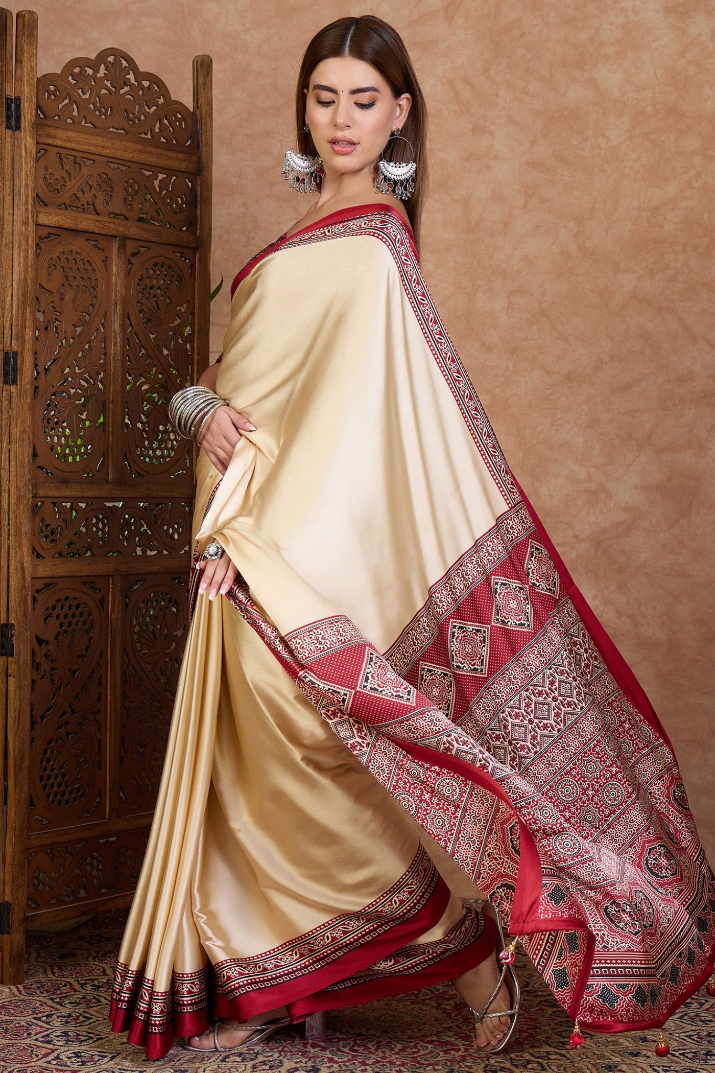 Buy MySilkLove Linen Cream and Red Ajrakh Printed Satin Crepe Silk Saree Online