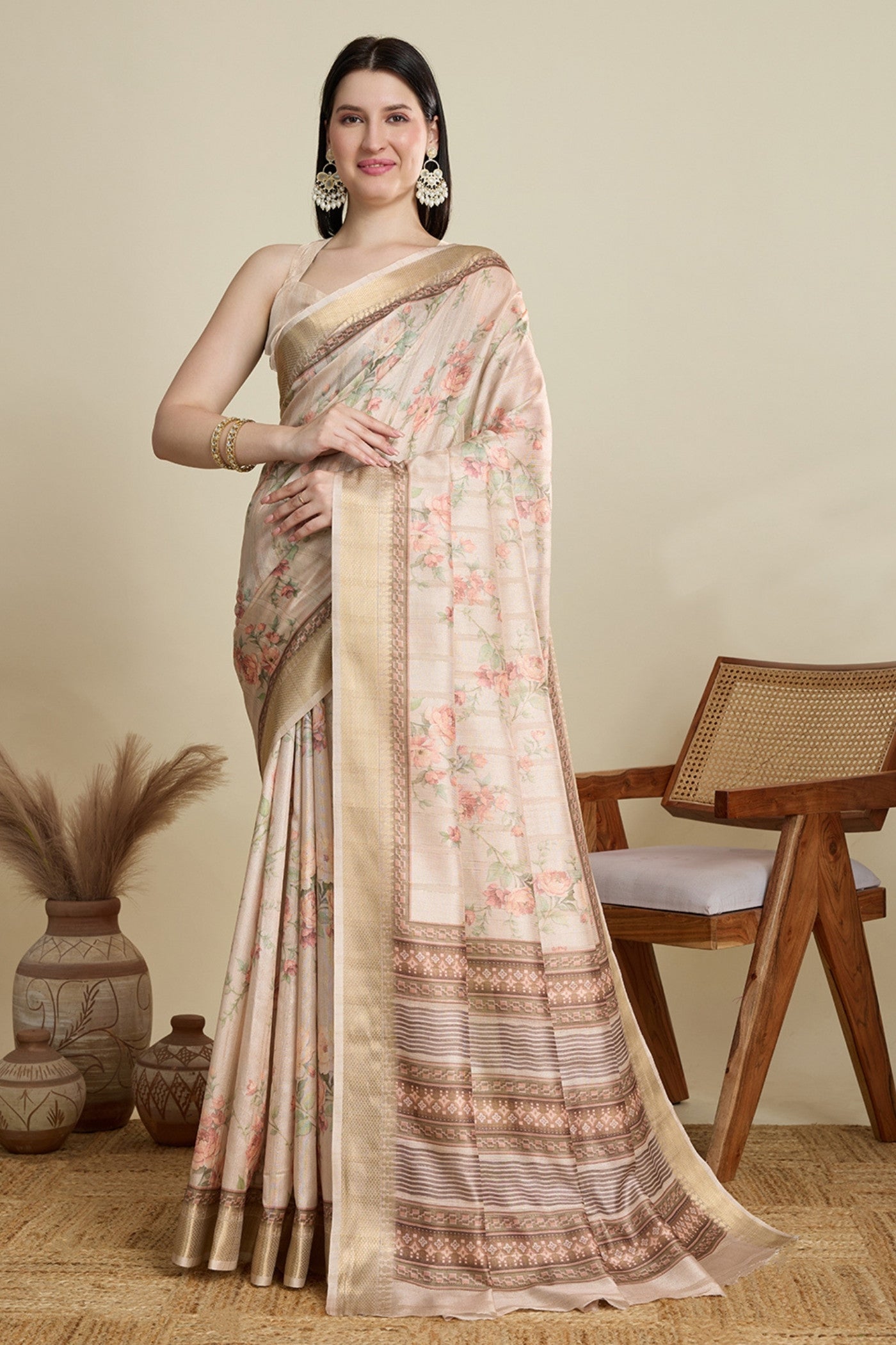Buy MySilkLove Meriono Cream Woven Cotton Saree Online