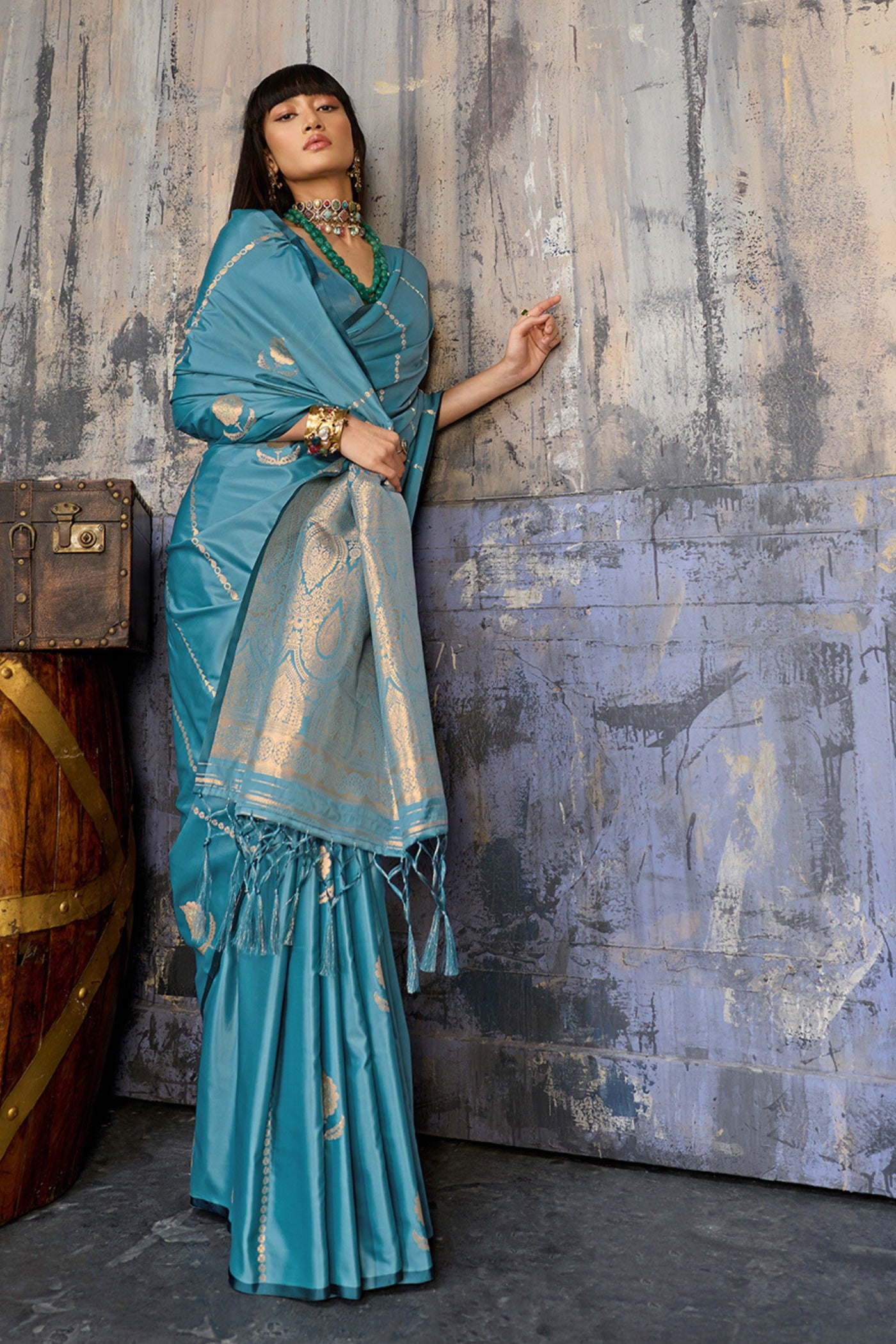 Buy MySilkLove Rail Blue Handloom Satin Silk Saree Online