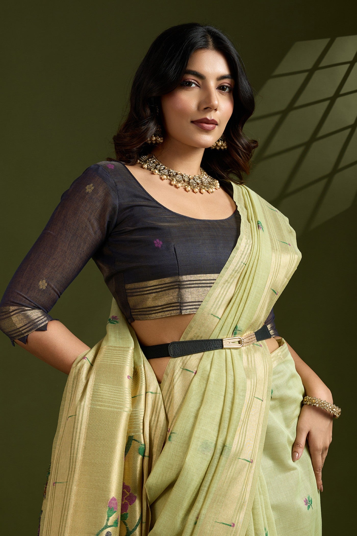 Buy MySilkLove Pear Green Woven Muga Cotton Paithani Saree Online