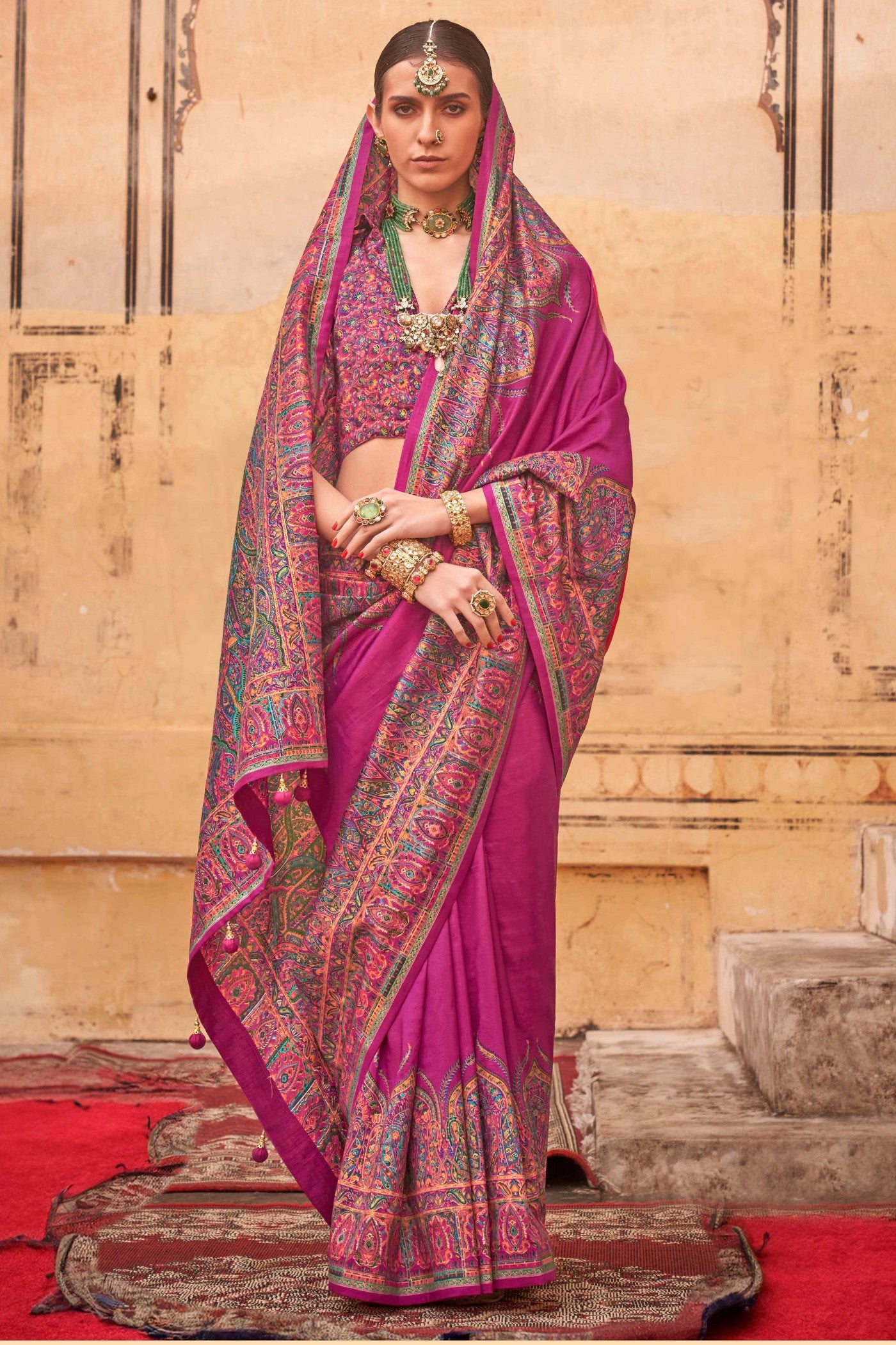 Buy MySilkLove Rouge Pink Printed Jamawar Saree Online