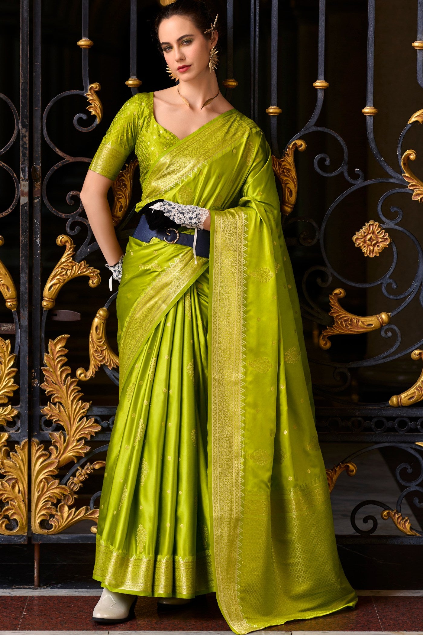 Buy MySilkLove Sahara Green Handloom Satin Banarasi Saree Online