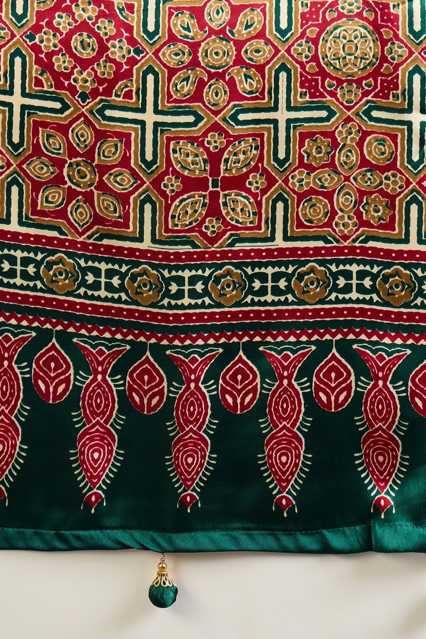 Buy MySilkLove Fire Red and Green Ajrakh Printed Satin Crepe Silk Saree Online