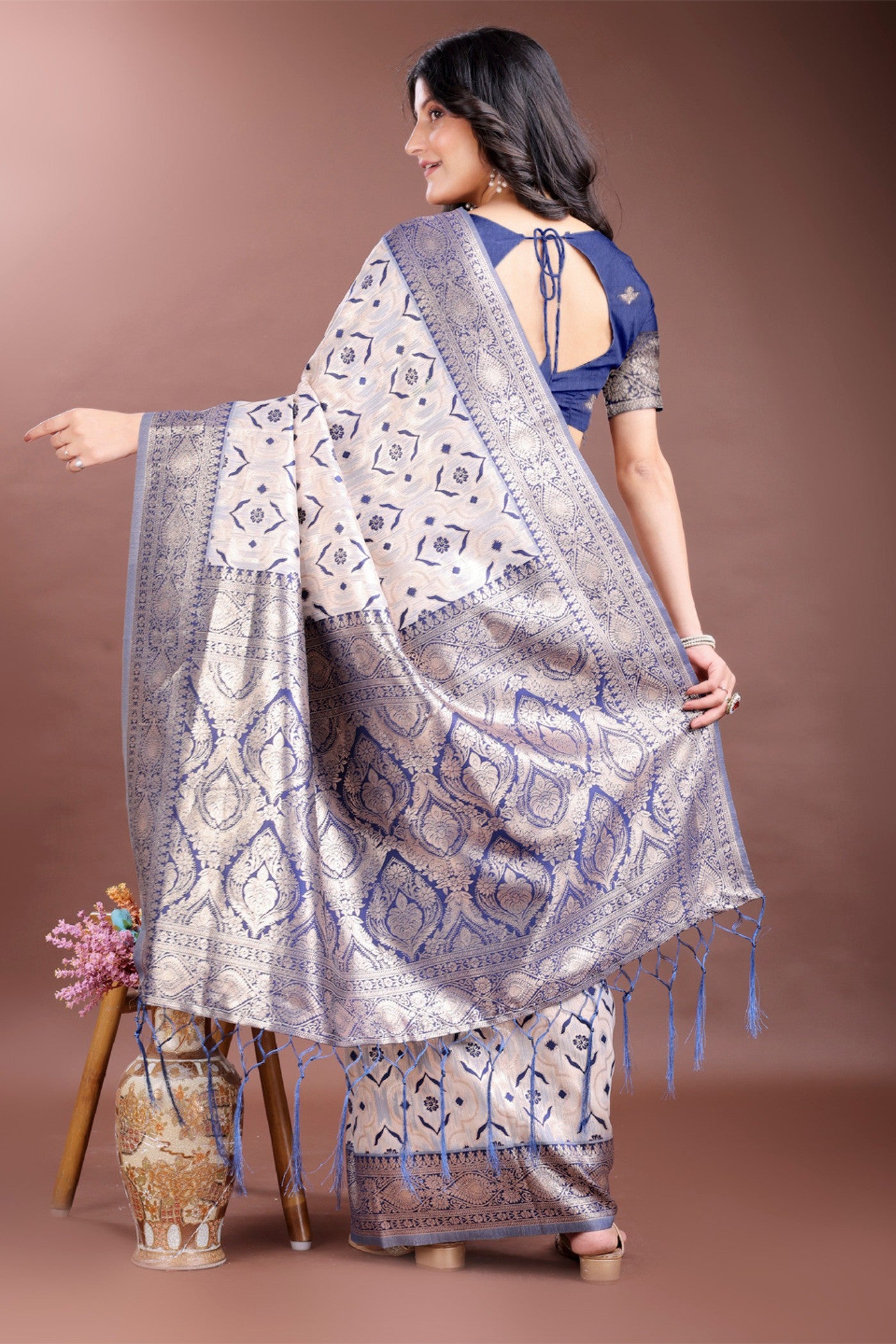 Buy MySilkLove Navy Blue and White Linen Cotton Saree Online