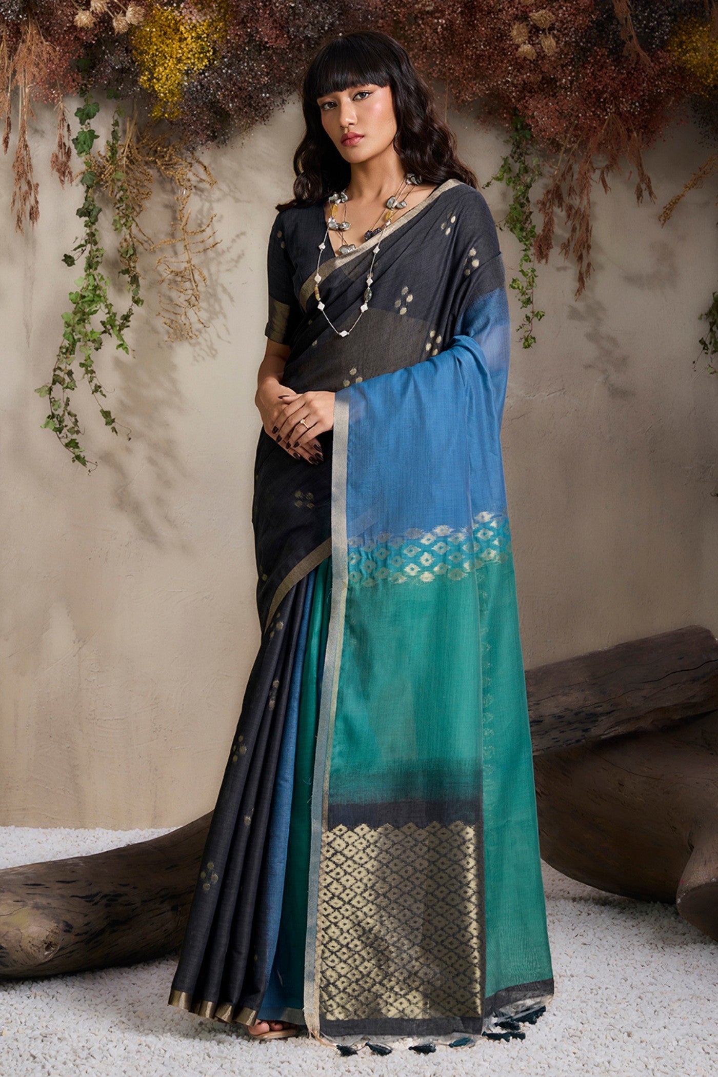 Buy MySilkLove Phantom Black and Blue Handloom Cotton Saree Online