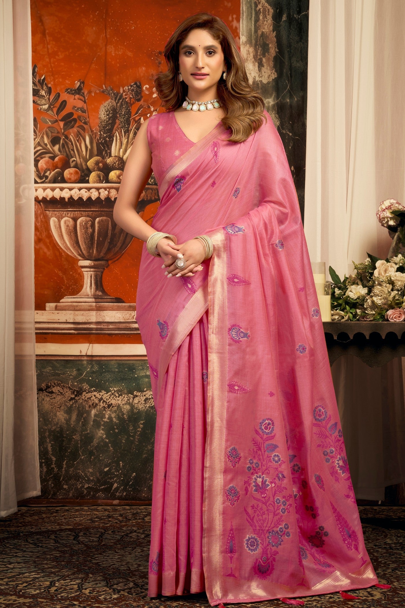 Buy MySilkLove Flamingo Pink Handloom Cotton Saree Online