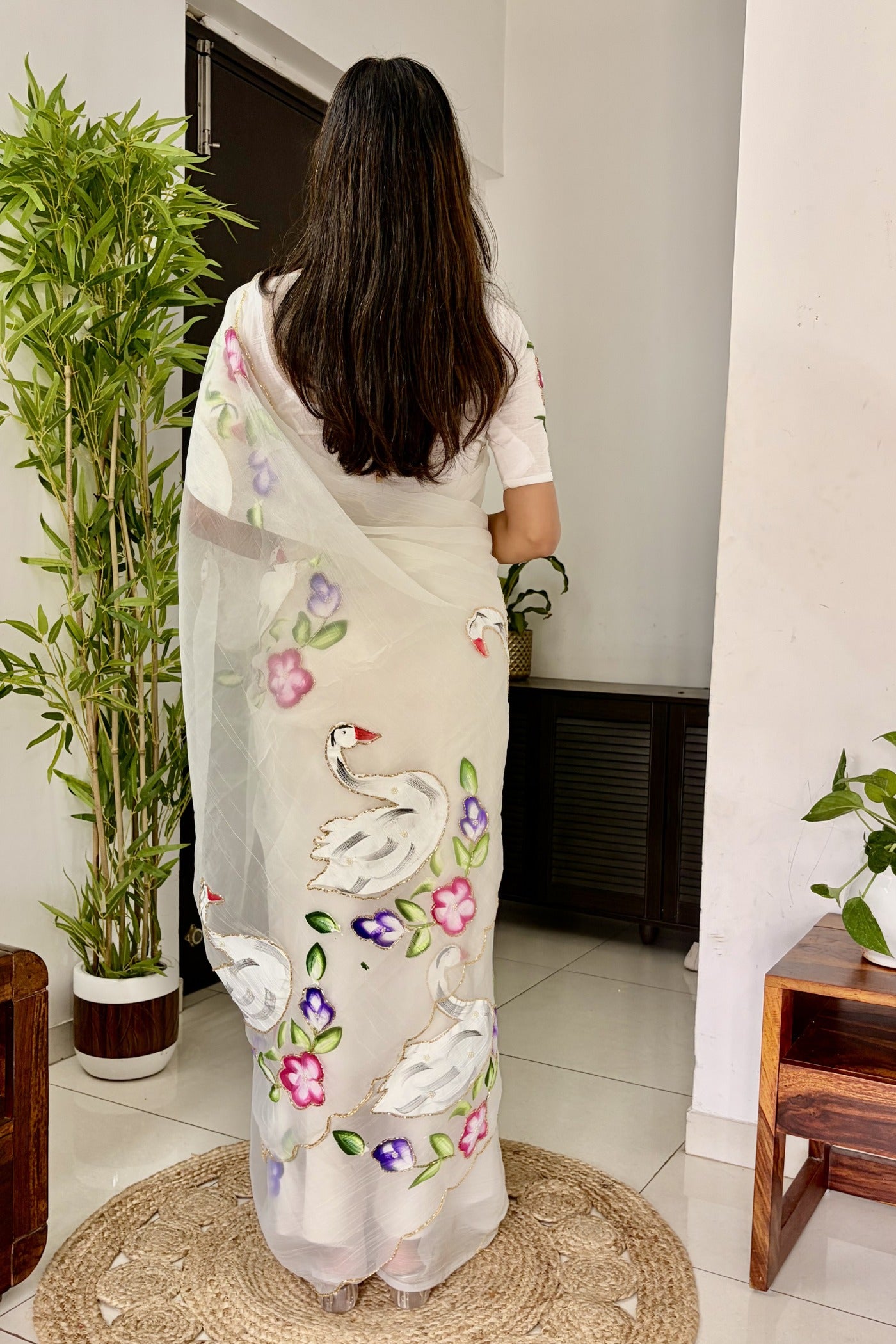 Buy MySilkLove Pearl White Organza Printed Floral Saree Online
