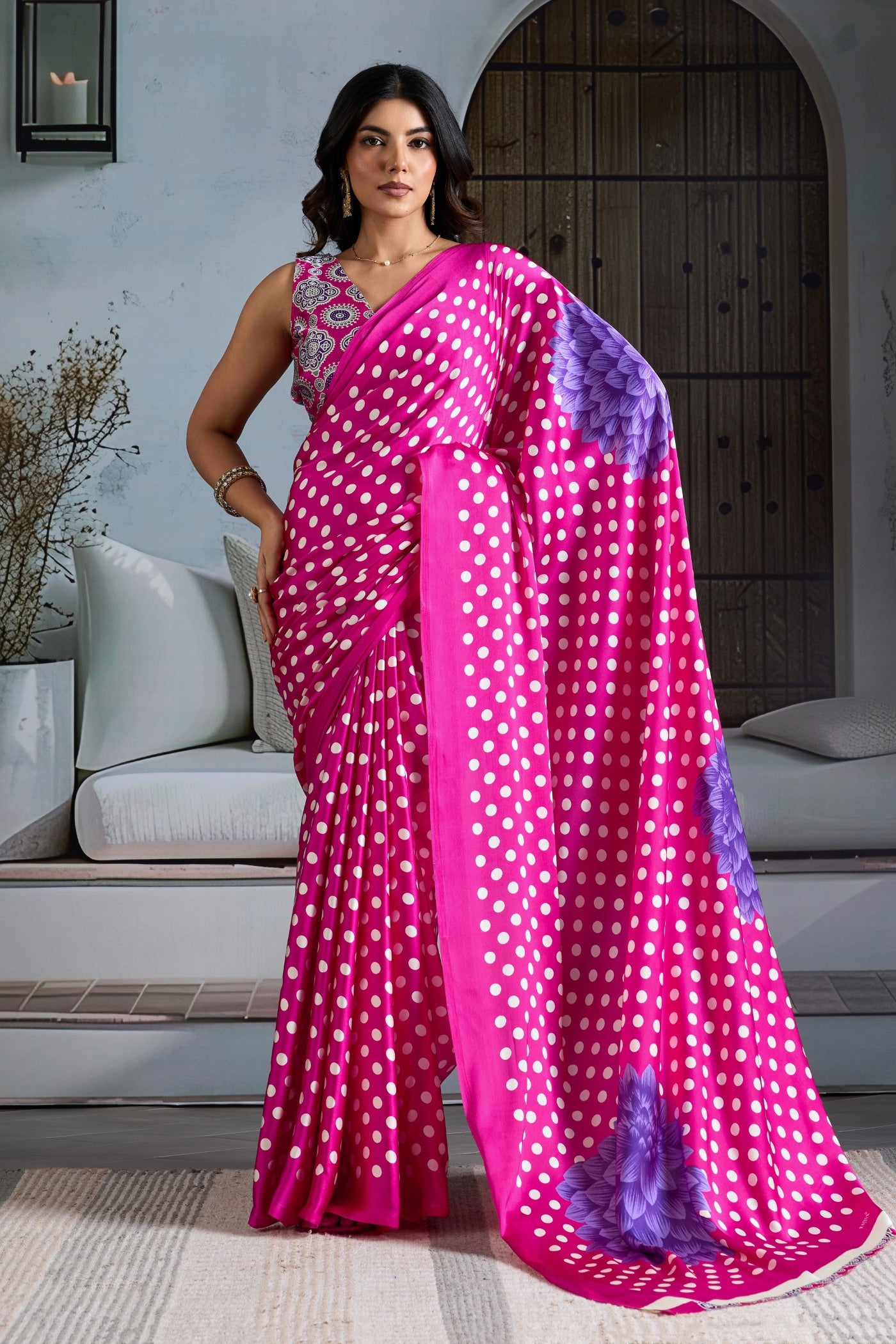 Buy MySilkLove Periwinkle Pink Printed Polka Dots Satin Crepe Saree Online