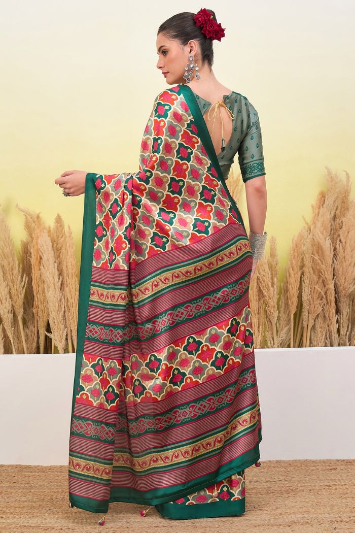 Buy MySilkLove Red Ink and Green Modal Satin Printed Silk Saree Online