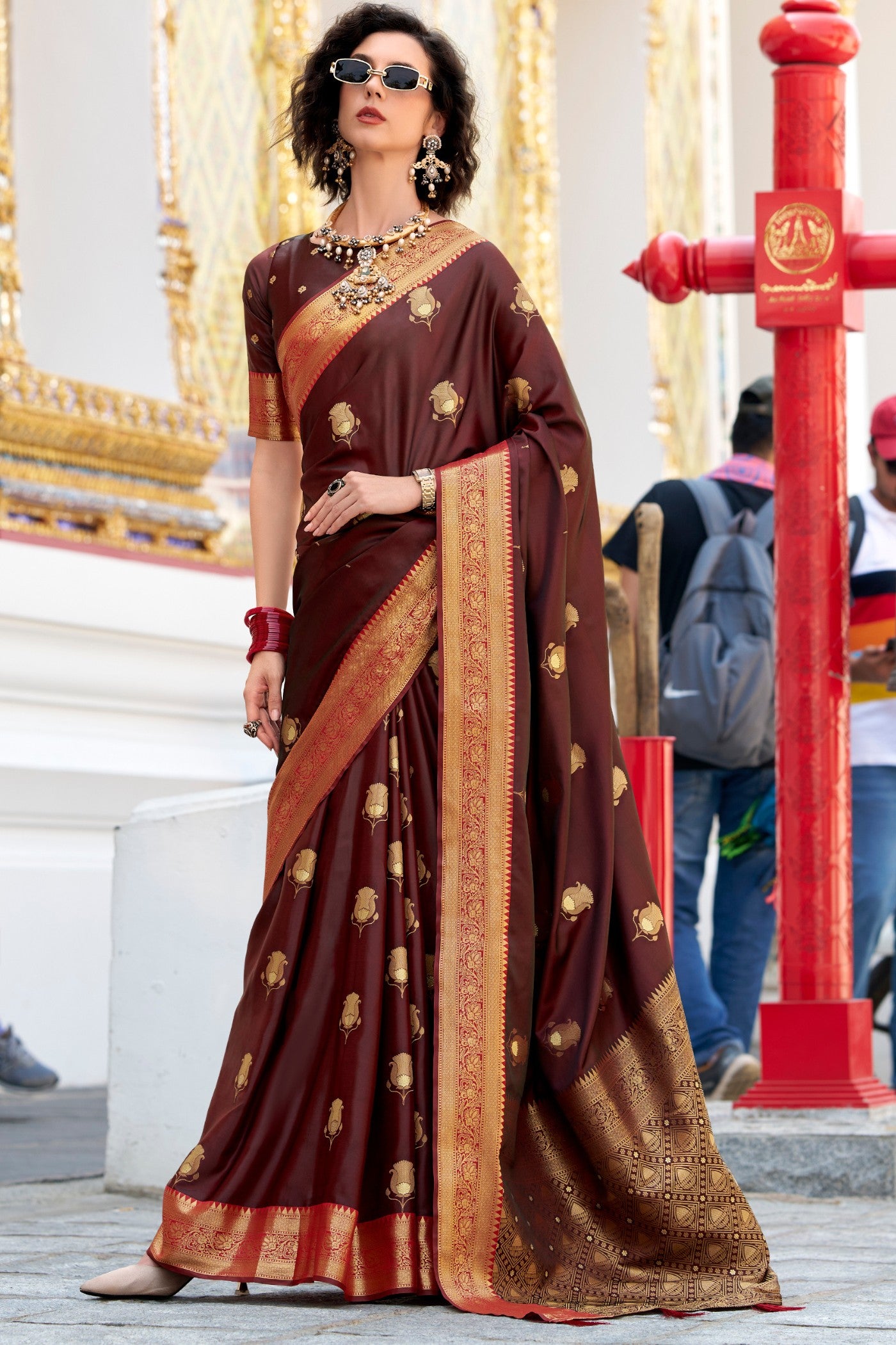 Buy MySilkLove Brunette Brown Woven Satin Silk Saree Online