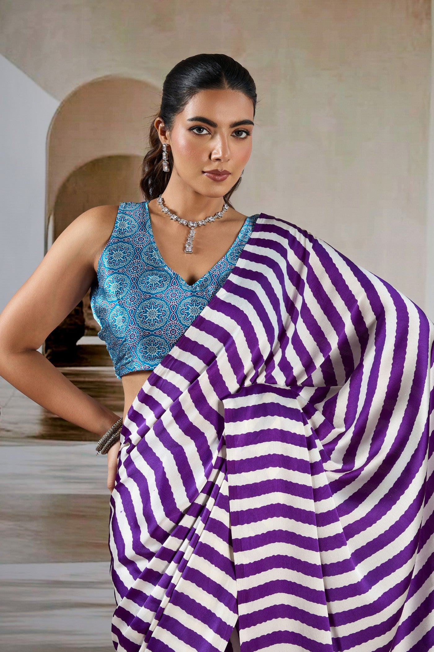 MySilkLove Mist Purple Stripe Ajrakh Printed Satin Crepe Silk Saree
