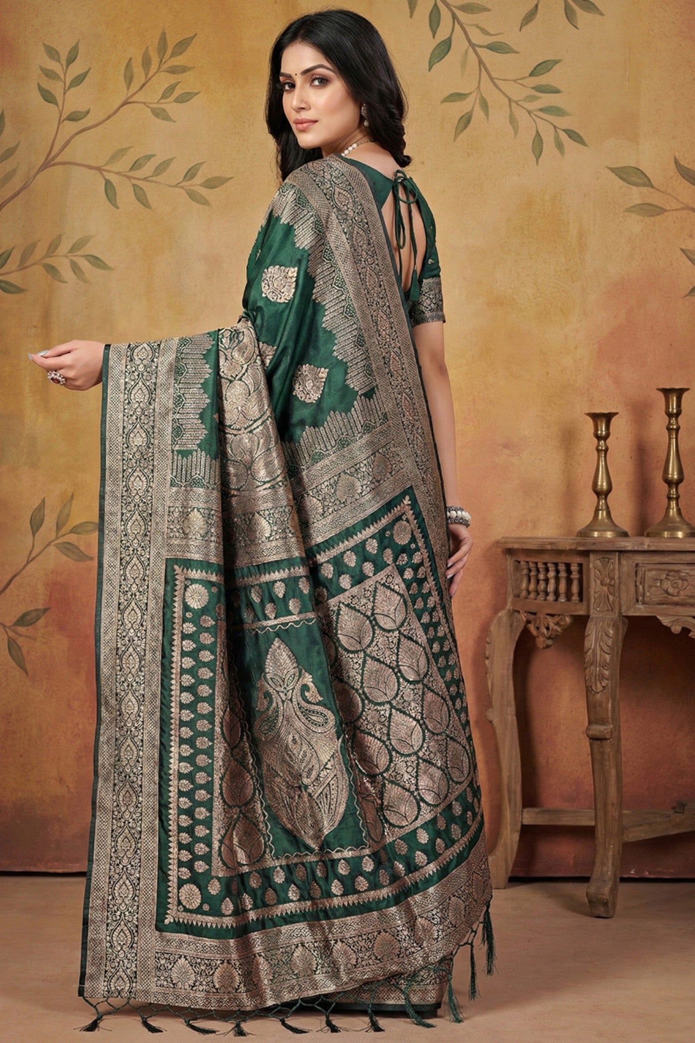 Buy MySilkLove Bottle Green Woven Banarasi Silk Saree Online