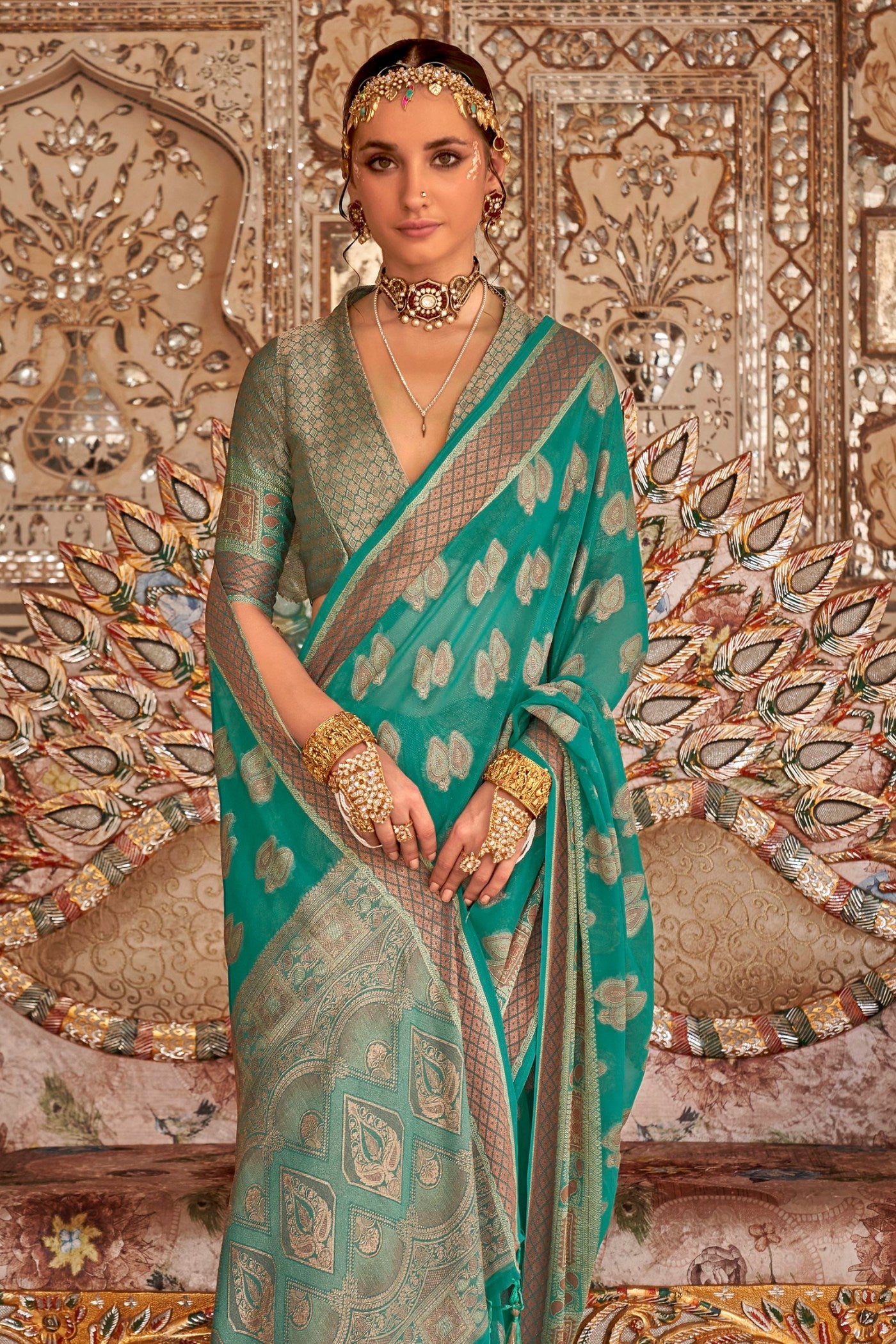 Buy MySilkLove Summer Green Zari Woven Georgette Saree Online